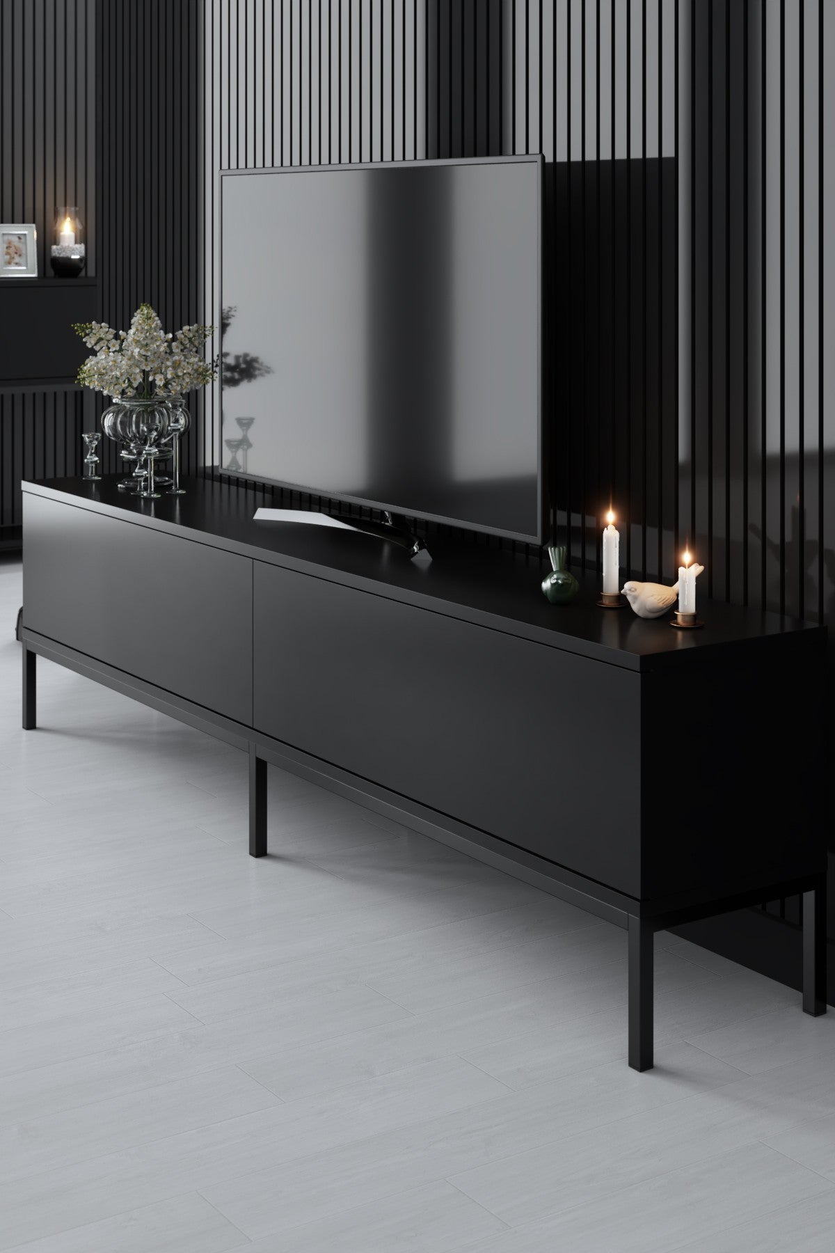 Suporte de TV elegante, preto, 180 cm de largura, 47 cm de altura, 30 cm de profundidade | Painel de partículas 100% revestido de melamina, 18 mm de espessura, pernas de metal resistentes | Design moderno para sala de estar
