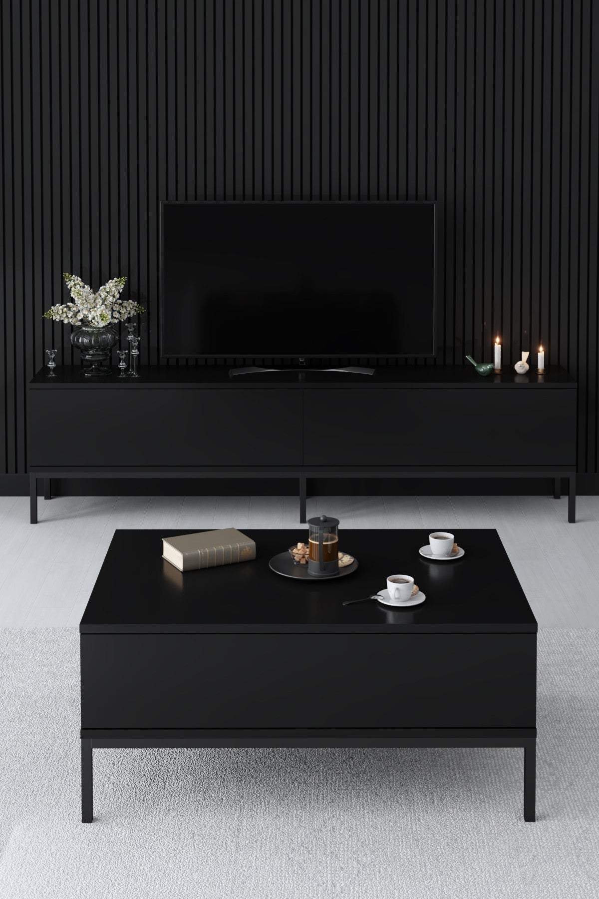 Suporte de TV elegante, preto, 180 cm de largura, 47 cm de altura, 30 cm de profundidade | Painel de partículas 100% revestido de melamina, 18 mm de espessura, pernas de metal resistentes | Design moderno para sala de estar