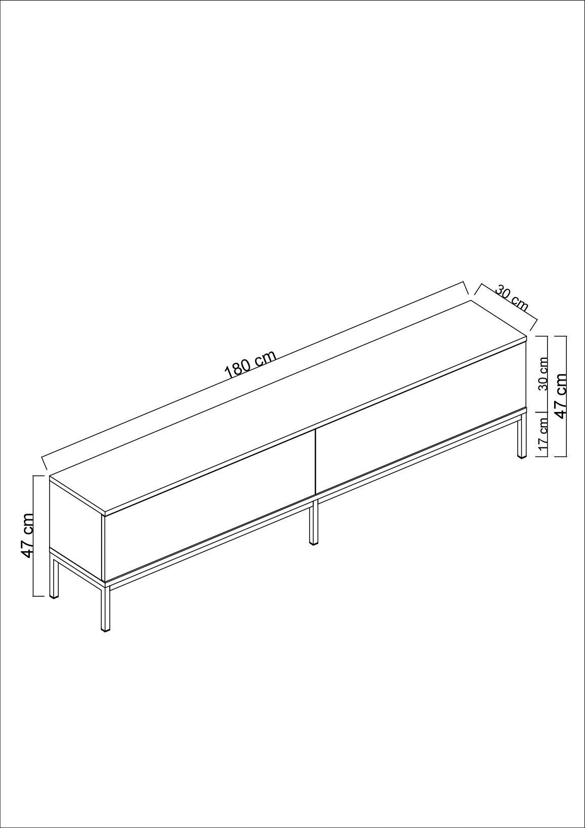 Suporte de TV elegante, preto, 180 cm de largura, 47 cm de altura, 30 cm de profundidade | Painel de partículas 100% revestido de melamina, 18 mm de espessura, pernas de metal resistentes | Design moderno para sala de estar