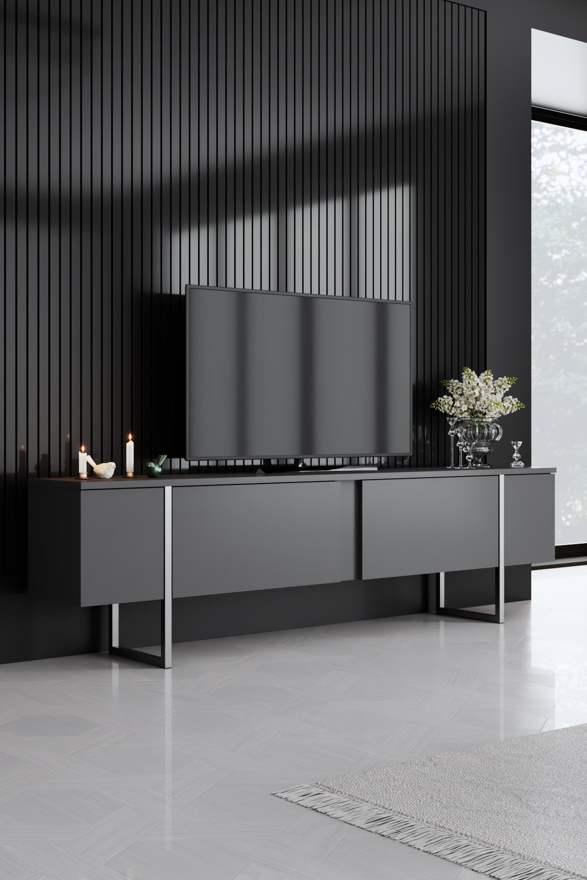 Móvel de TV elegante com pés de metal, antracite e prata, 180 x 30 x 50 cm | Painel de partículas 100% revestido de melamina, 18 mm de espessura | Design moderno para sala de estar