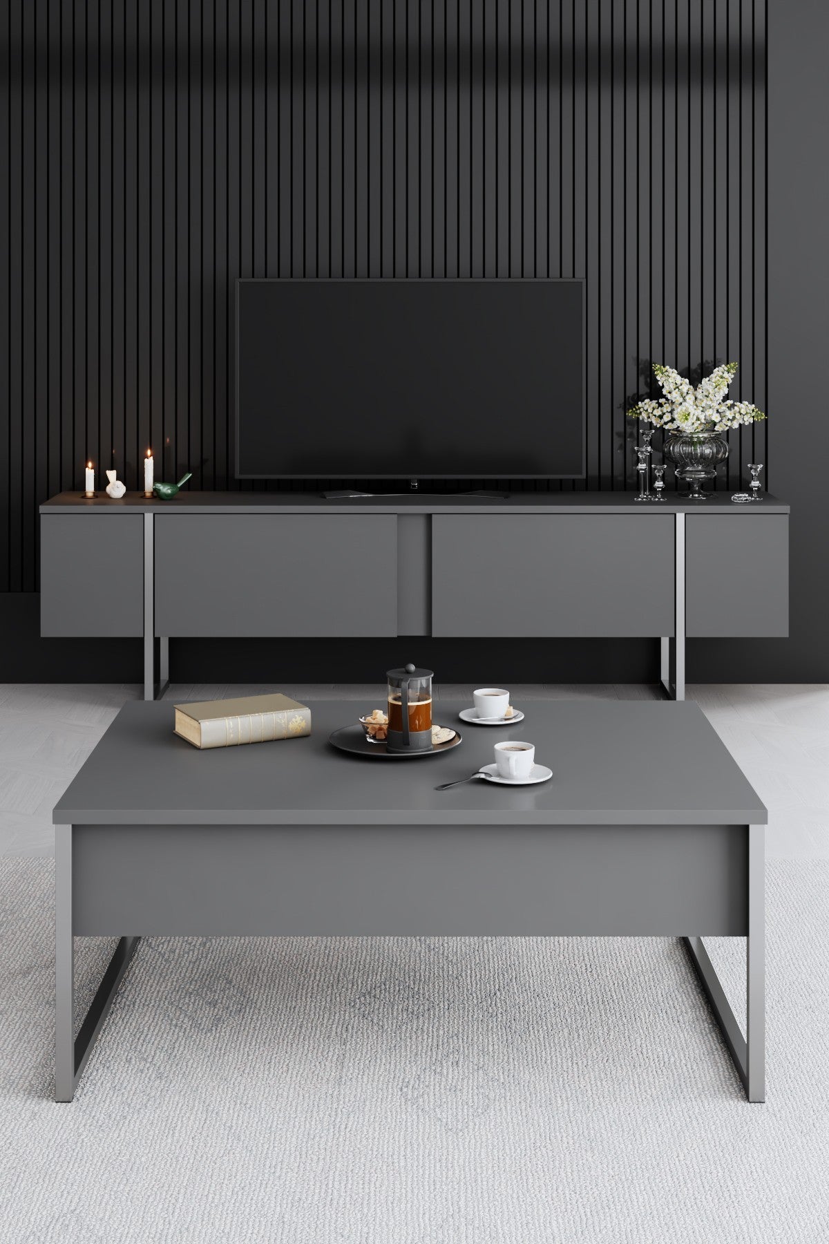 Móvel de TV elegante com pés de metal, antracite e prata, 180 x 30 x 50 cm | Painel de partículas 100% revestido de melamina, 18 mm de espessura | Design moderno para sala de estar