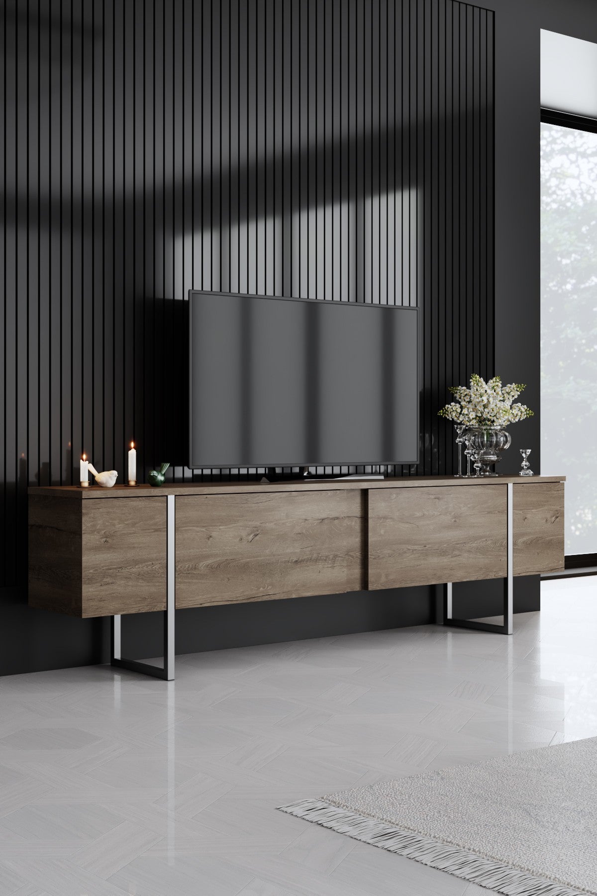Móvel de TV elegante com pés de metal, nogueira e prata, 180 x 30 x 50 cm | Painel de partículas 100% revestido de melamina, 18 mm de espessura | Design moderno para sala de estar