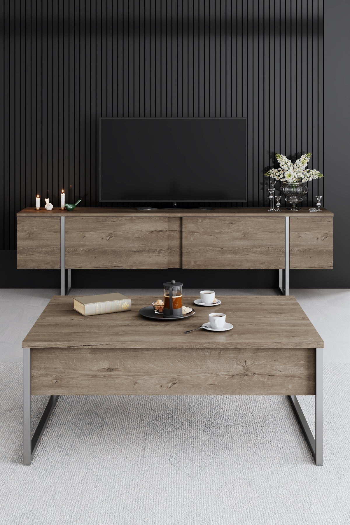 Móvel de TV elegante com pés de metal, nogueira e prata, 180 x 30 x 50 cm | Painel de partículas 100% revestido de melamina, 18 mm de espessura | Design moderno para sala de estar