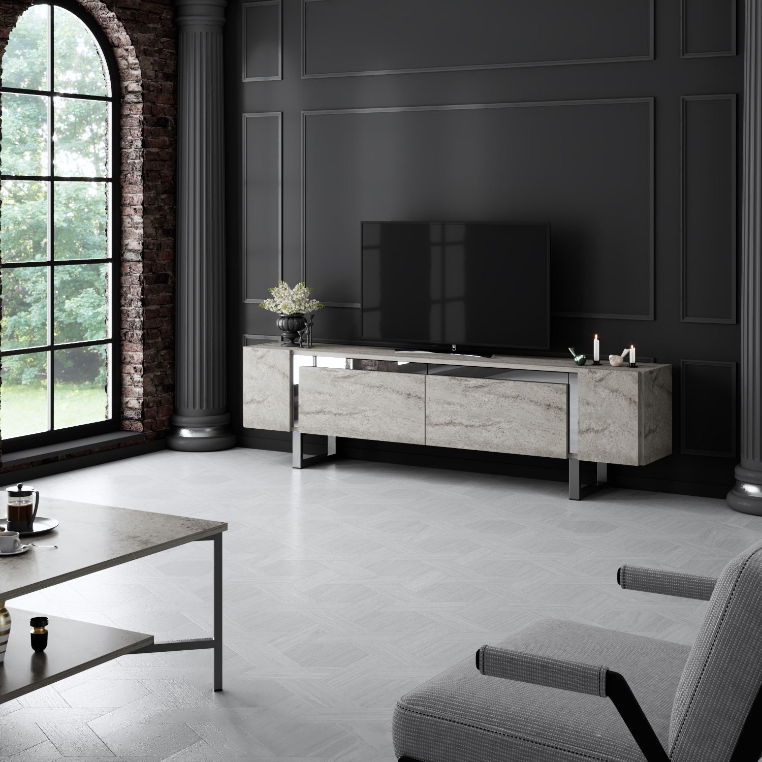 Móvel de TV – 180x50x30 cm – Travertino e Prata – Aglomerado