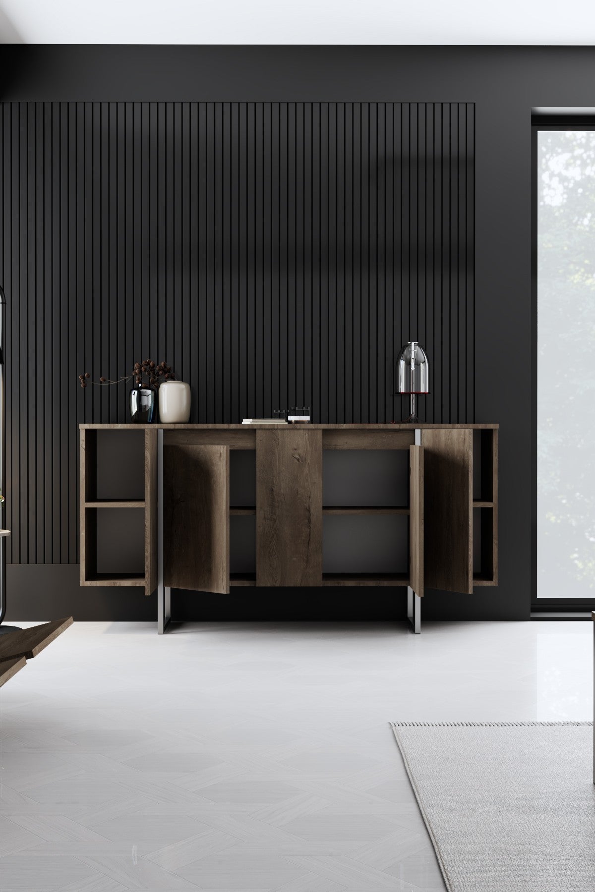 Aparador – 160 x 35 x 80 cm – Nogueira e Prata – Painel de Partículas revestido a Melamina