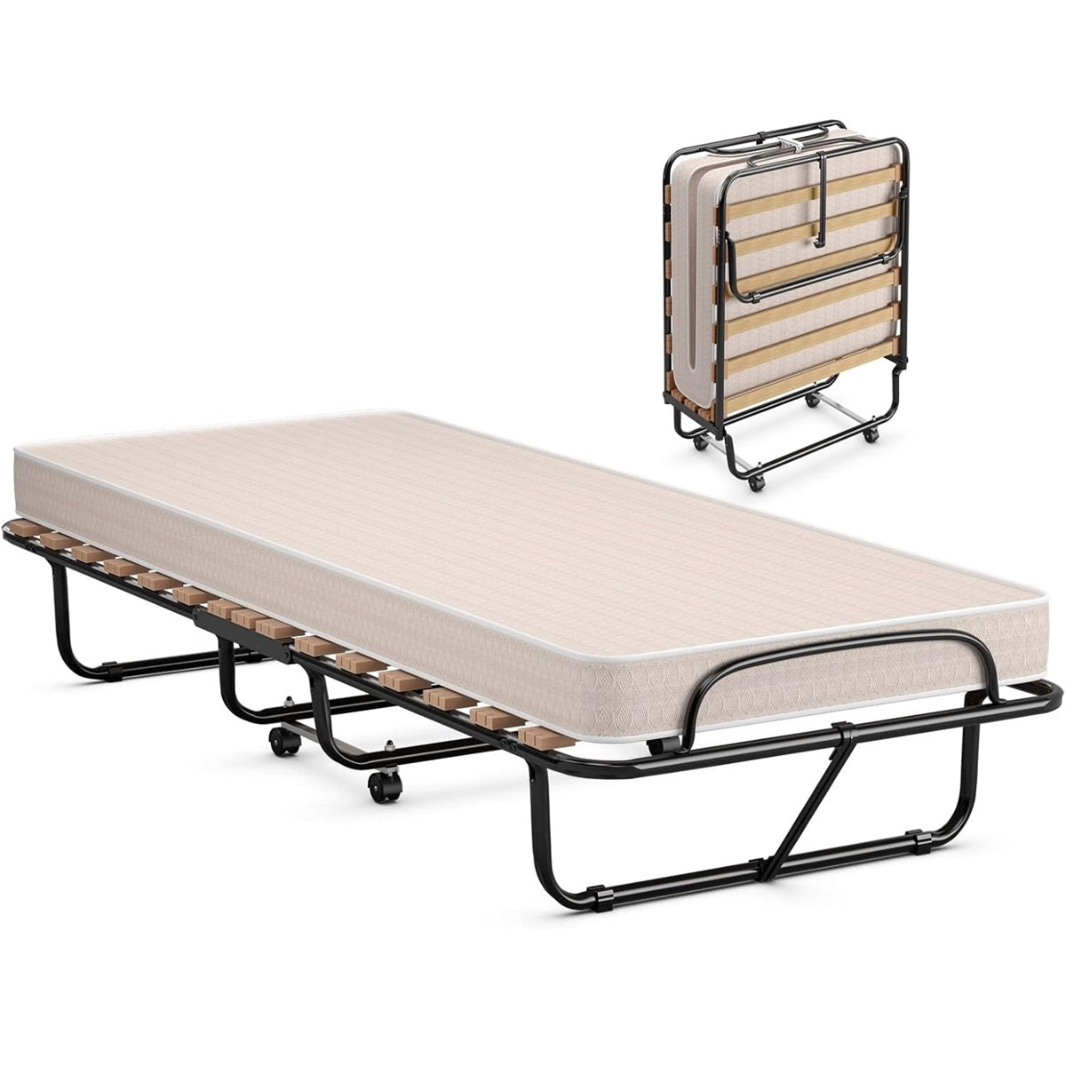 Cama Dobrável 80 x 190 cm com Colchão de Espuma Viscoelástica de 10 cm de Espessura Estrutura de Metal Estável com Rodas Capacidade de Carga 120 kg