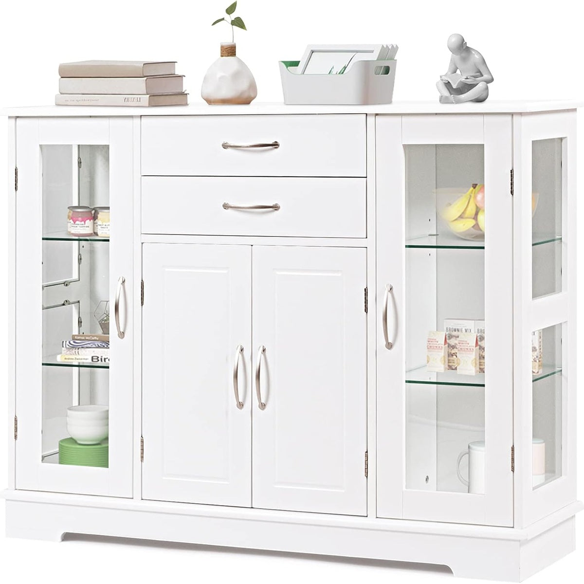 Aparador Elegante de Madeira com Portas de Vidro e 2 Gavetas Armário de Armazenamento para Sala de Jantar Corredor Branco