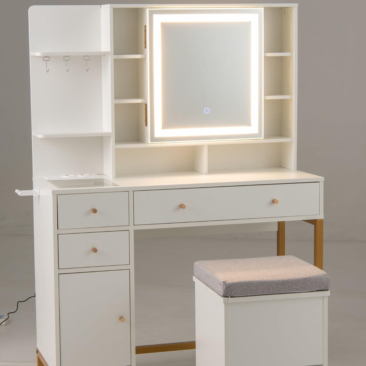 Conjunto de Tocador com Banqueta Espelho Luminoso LED de 3 Cores Mesa de Maquilhagem Estação de Carregamento Integrada para Quarto Branco