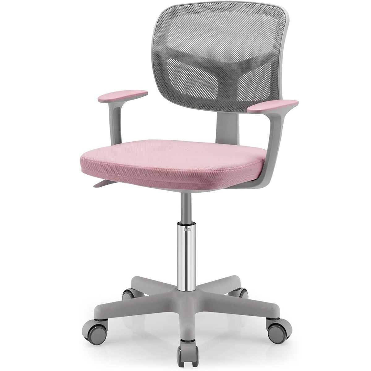 Cadeira de Escritório Infantil com Encosto em Malha Almofada Removível e Rodas 360° com Trava para 3-10 Anos Altura Ajustável Rosa