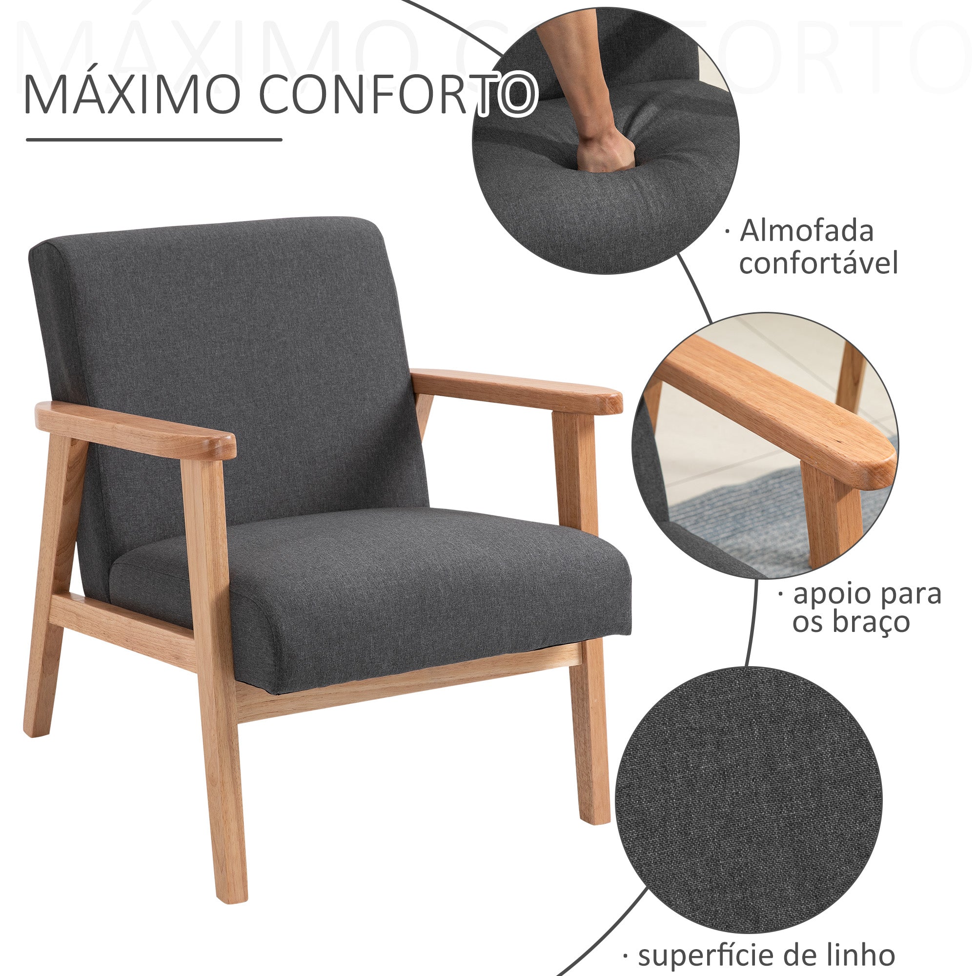 Poltrona Estofada em Linho Sintético Cinza Escuro 68,5x78,5x75 cm