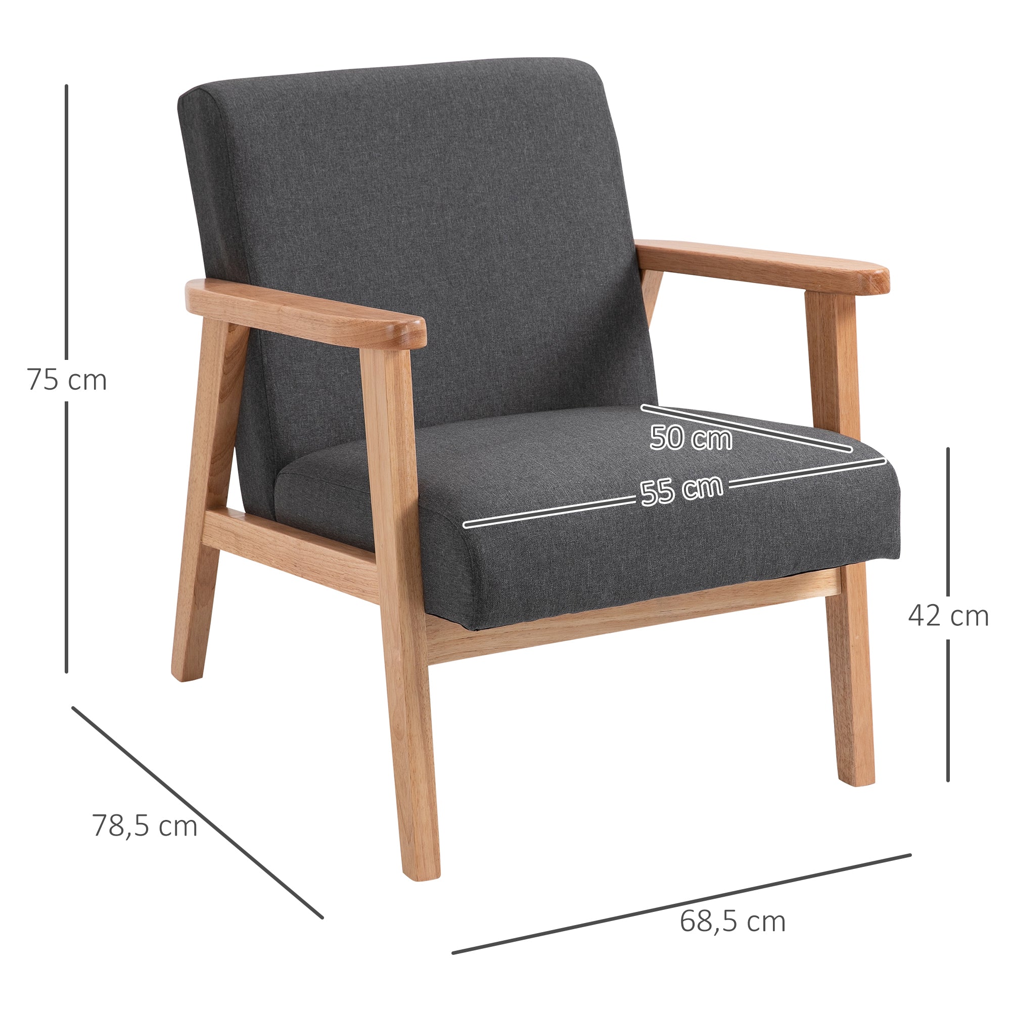 Poltrona Estofada em Linho Sintético Cinza Escuro 68,5x78,5x75 cm