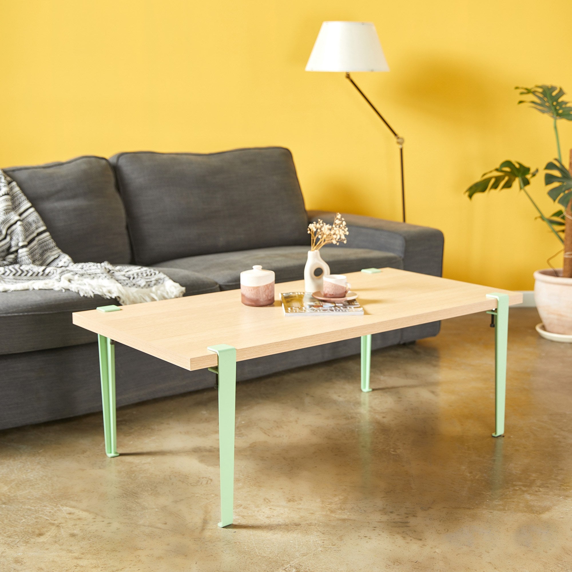 Mesa de Centro em Madeira e Verde Menta com Pernas de Aço - Montagem Rápida e Fácil 120x60cm