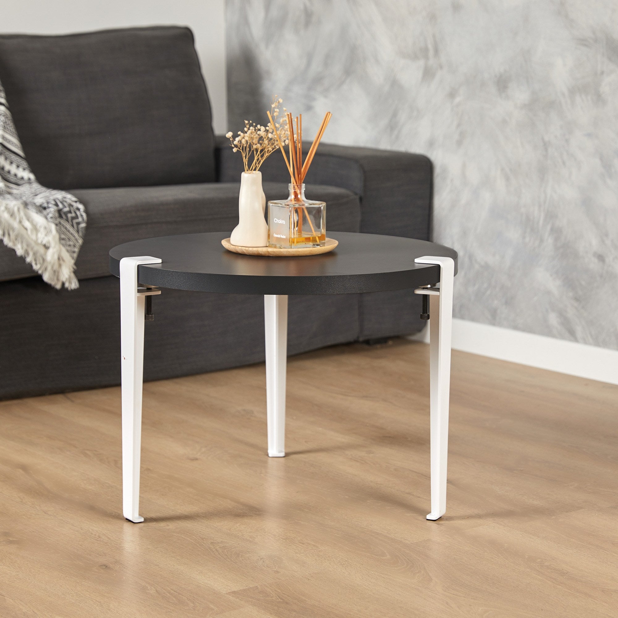 Mesa de Centro Redonda 60cm - Design Moderno Antracite e Branco com Pernas de Aço - Montagem Rápida e Fácil