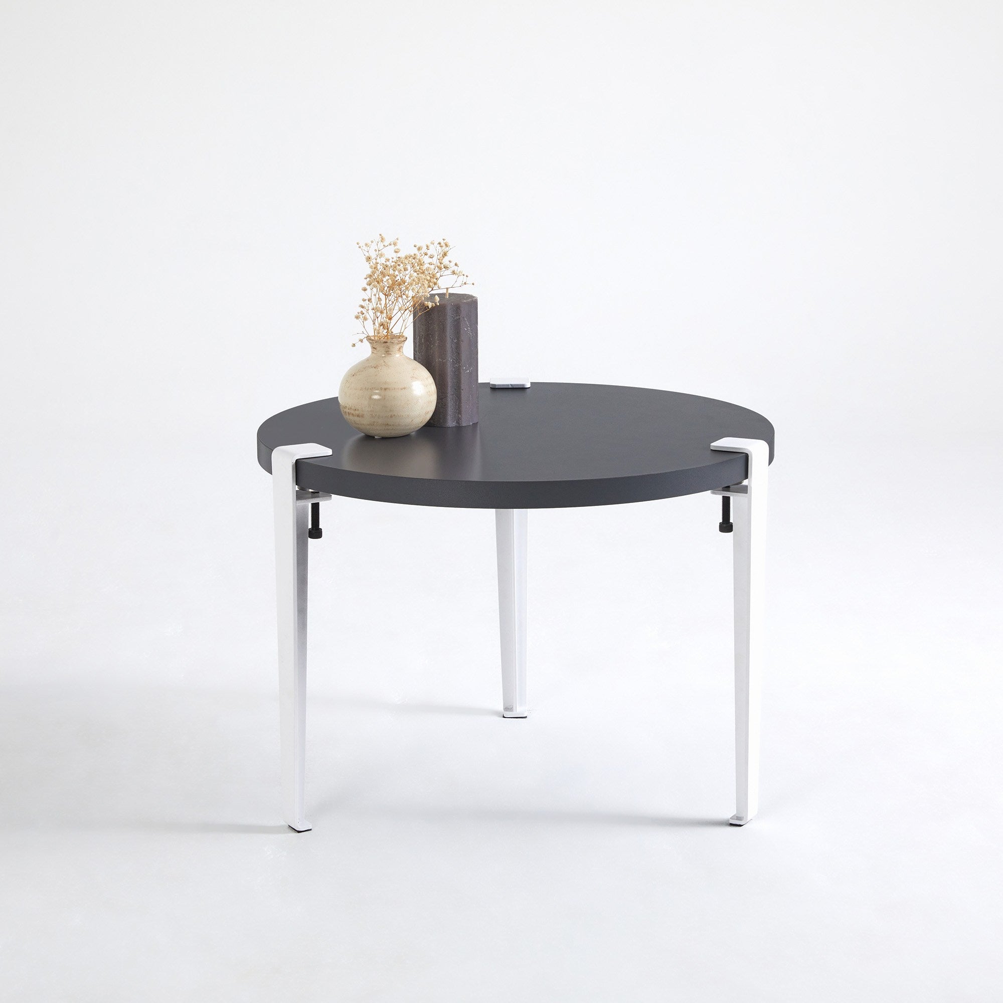 Mesa de Centro Redonda 60cm - Design Moderno Antracite e Branco com Pernas de Aço - Montagem Rápida e Fácil