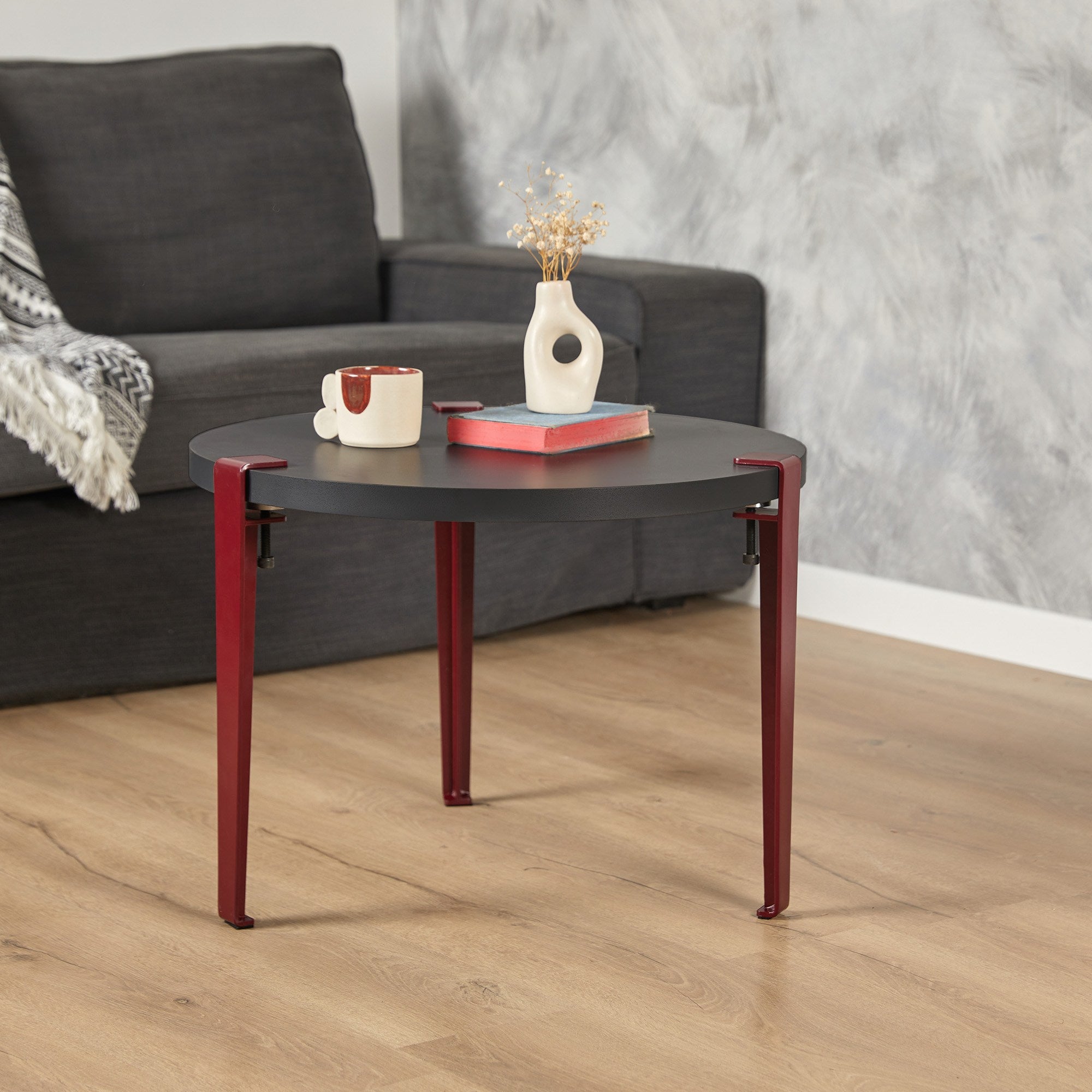 Mesa de Centro Redonda 60cm com Pernas de Aço - Montagem Rápida e Fácil - Disponível em Antracite e Vermelho Bordô