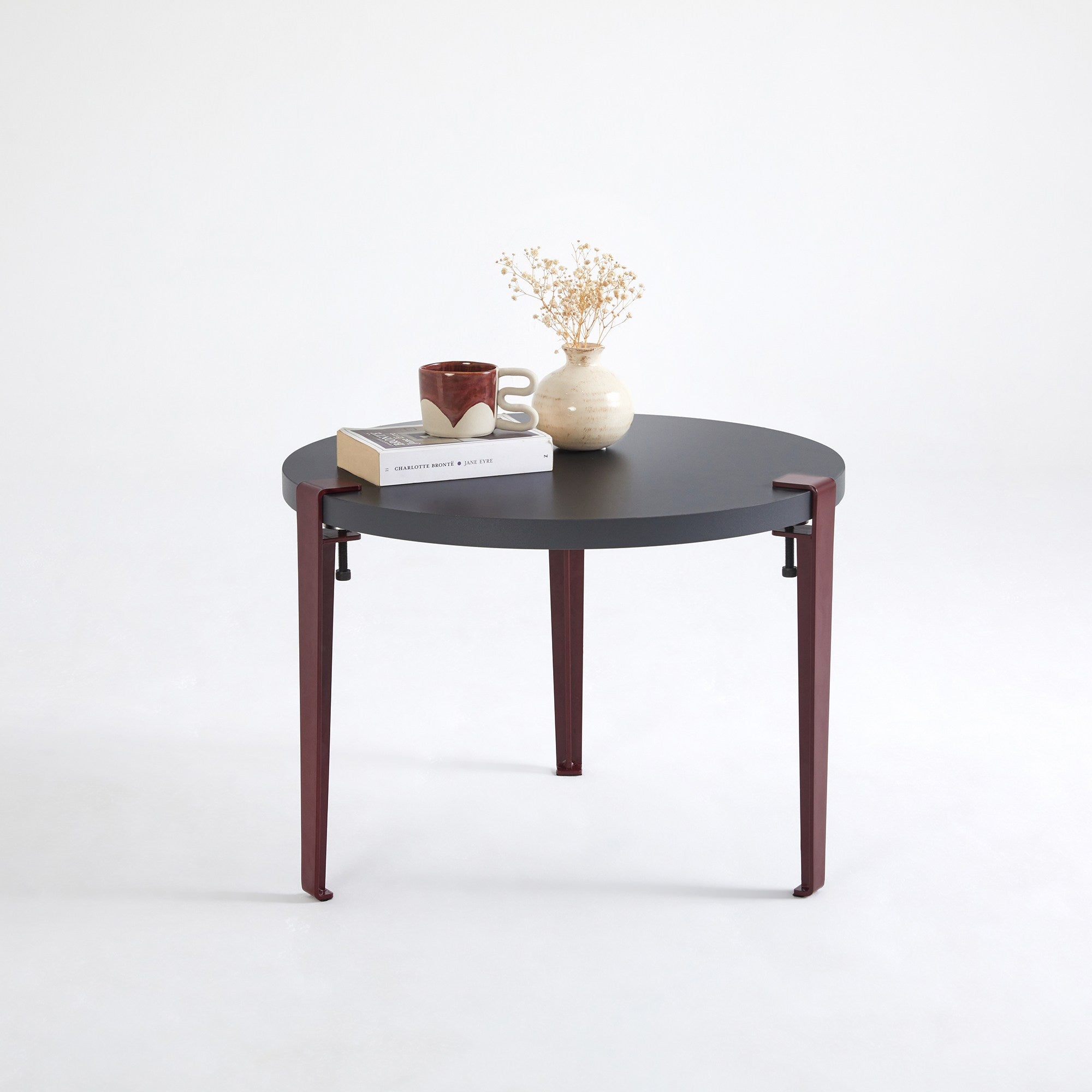 Mesa de Centro Redonda 60cm com Pernas de Aço - Montagem Rápida e Fácil - Disponível em Antracite e Vermelho Bordô