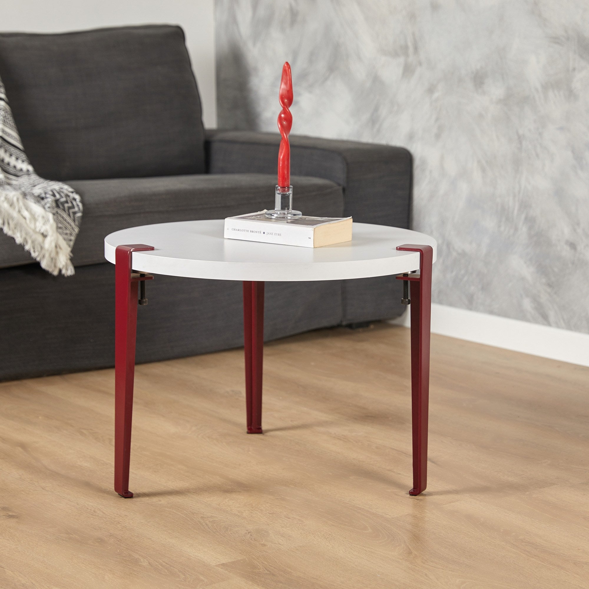 Mesa de Centro Redonda Branca e Bordeaux 60cm - Montagem Rápida e Fácil com Pernas de Aço Preto