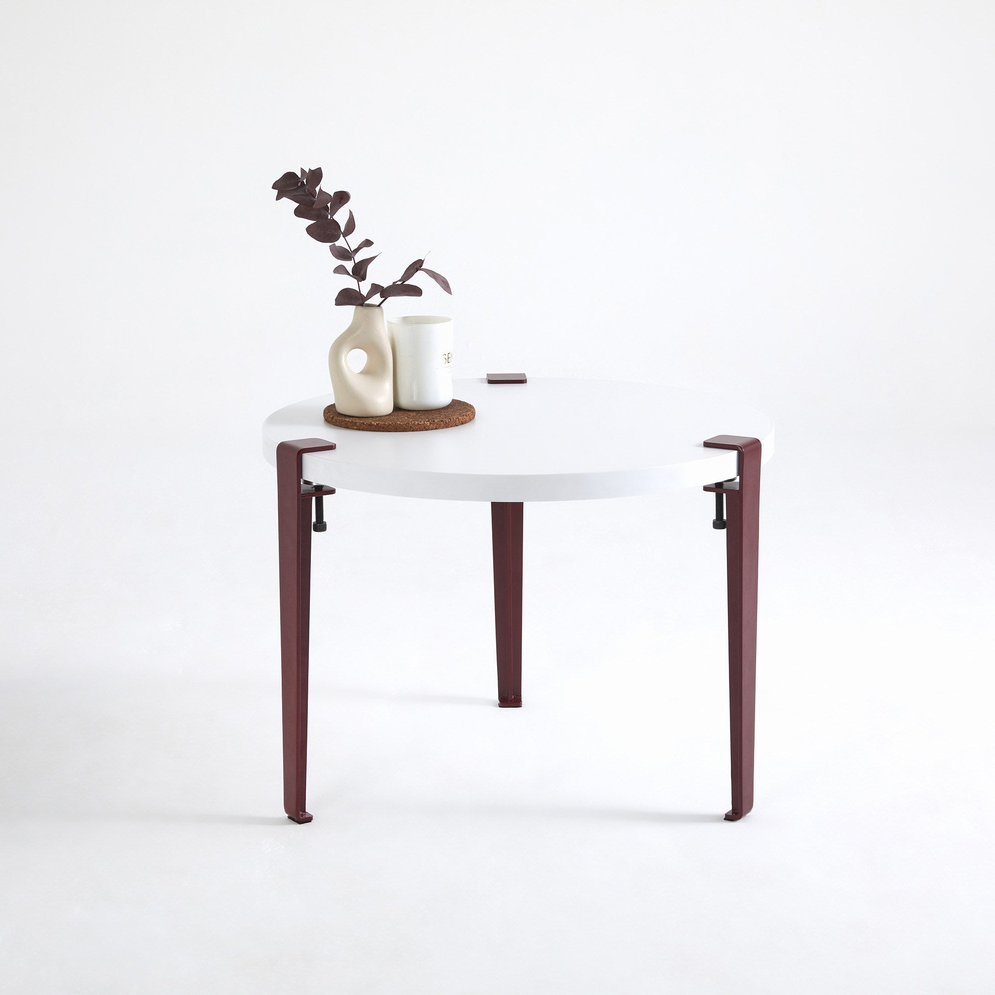 Mesa de Centro Redonda Branca e Bordeaux 60cm - Montagem Rápida e Fácil com Pernas de Aço Preto