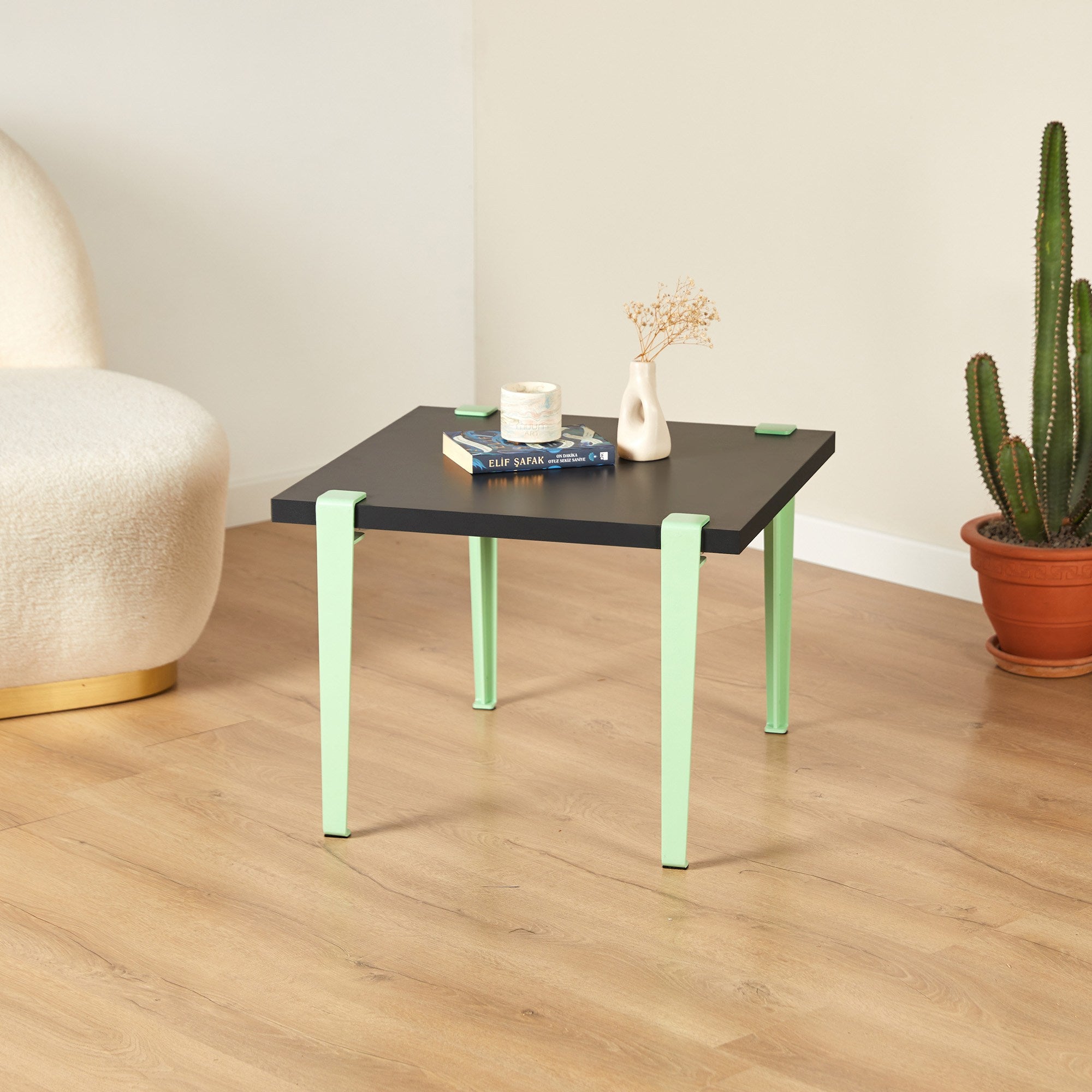 Mesa de Centro Redonda 60cm - Design Moderno em Verde Menta com Pernas de Aço Preto - Montagem Rápida e Fácil