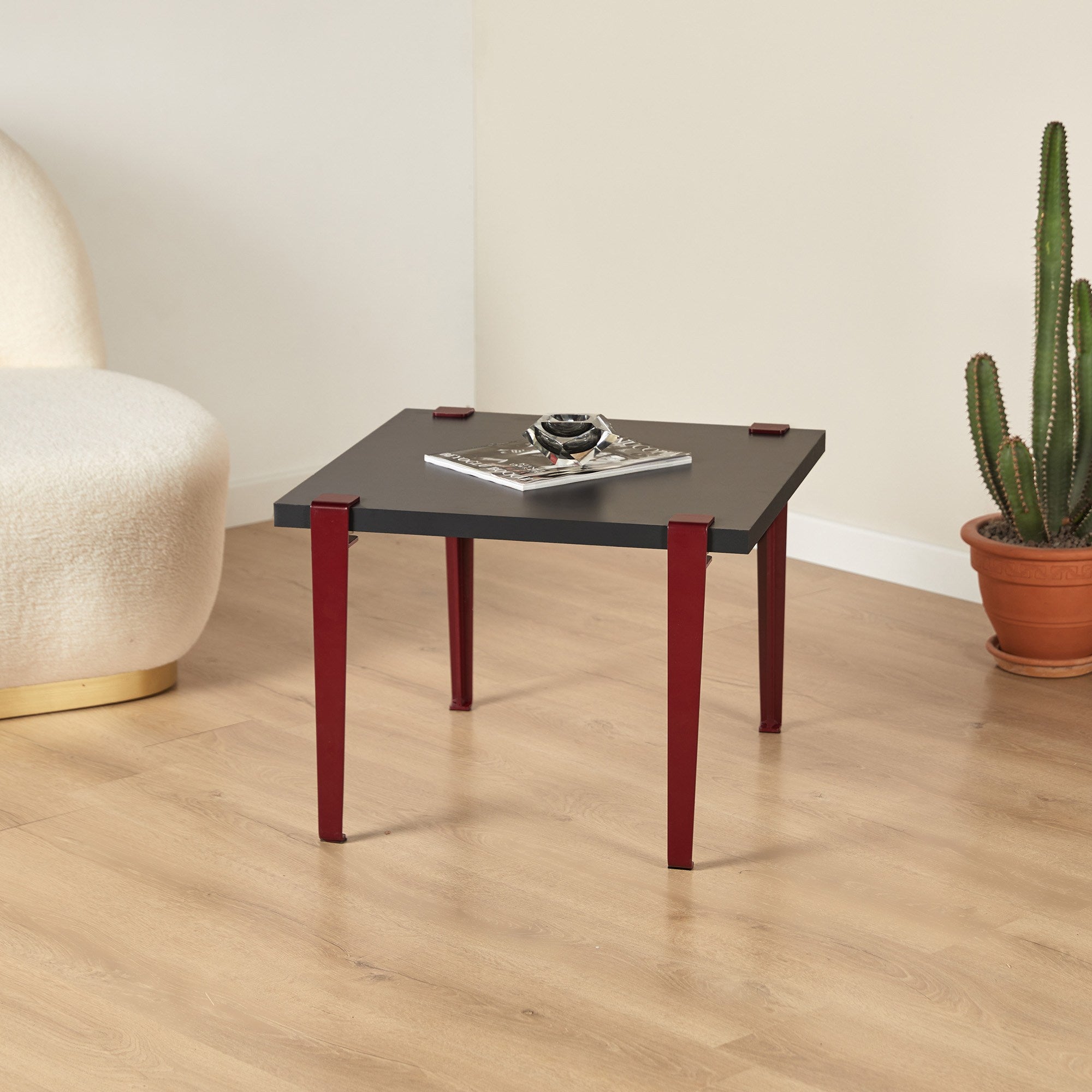 Mesa de Centro Redonda 60cm com Pernas de Aço - Montagem Rápida e Fácil - Disponível em Antracite e Vermelho Bordô