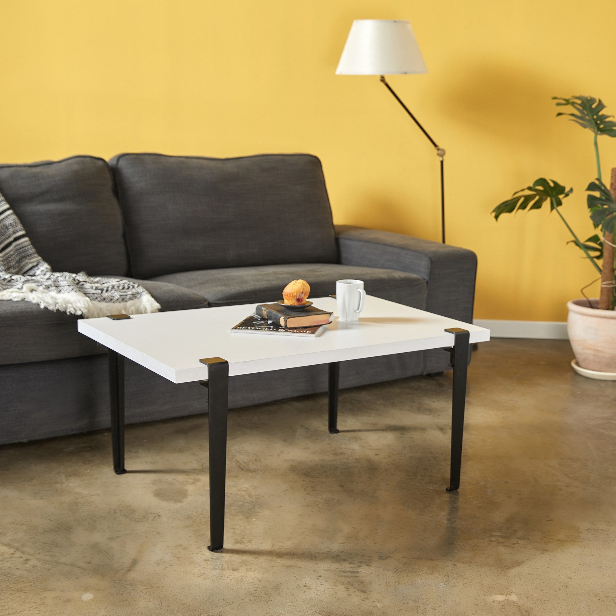 Mesa de Centro Moderna com Pernas de Aço - Montagem Rápida e Fácil - 90x60cm Branco e Preto