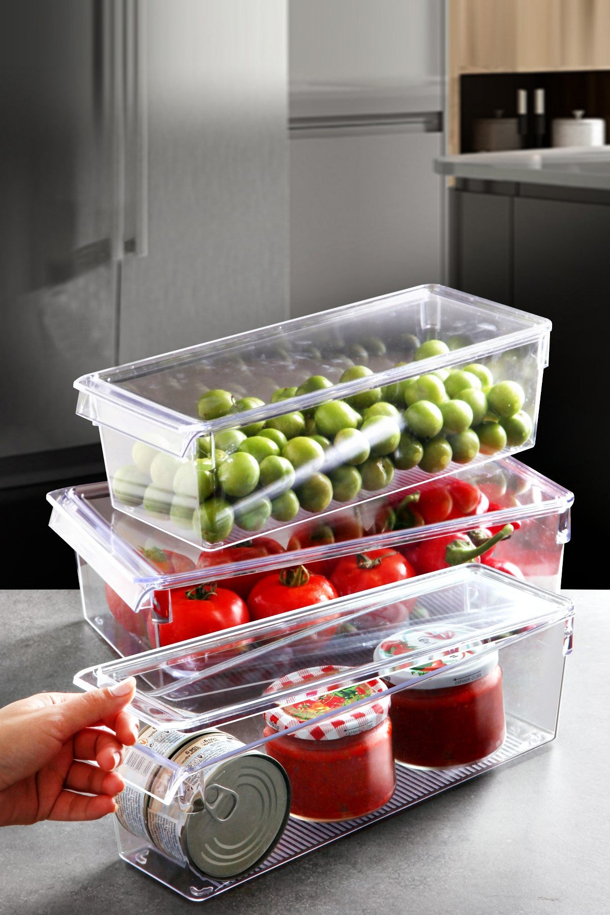 Conjunto organizador de geladeira – 9 peças – Transparente – Plástico