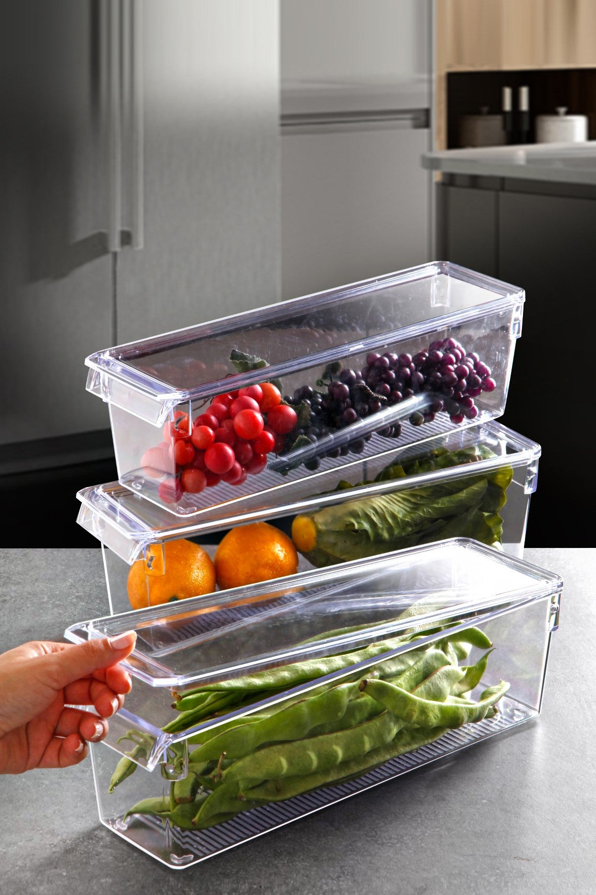 Conjunto organizador de geladeira – 3 peças – Transparente – Plástico