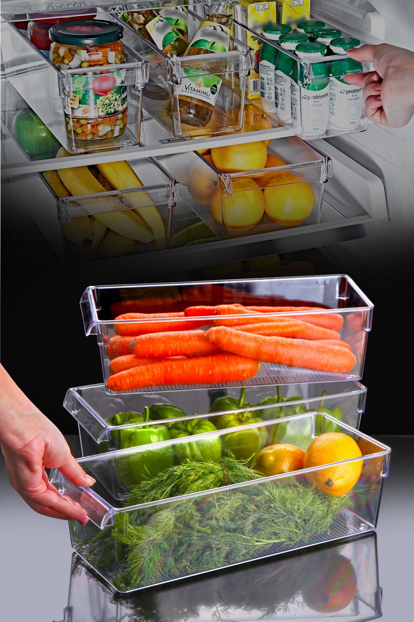 Conjunto de Organizadores para Geladeira – 37 x 15 x 10 cm – Transparente – Plástico