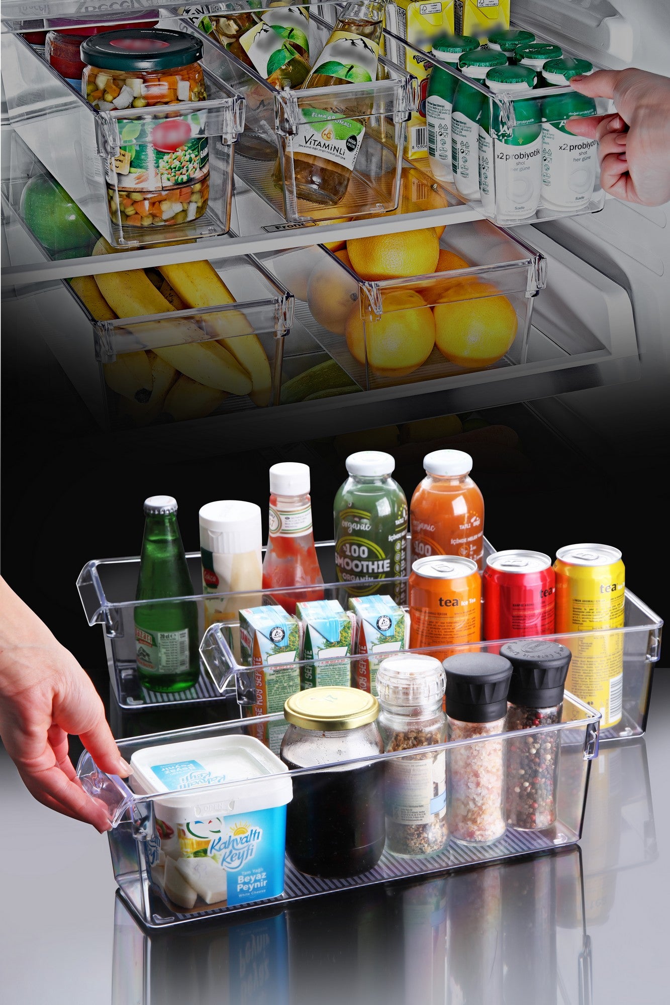 Conjunto organizador de geladeira – 37 x 10,5 x 10 cm; 37 x 15 x 10 cm; 37 x 20,5 x 10 cm – Transparente – Plástico