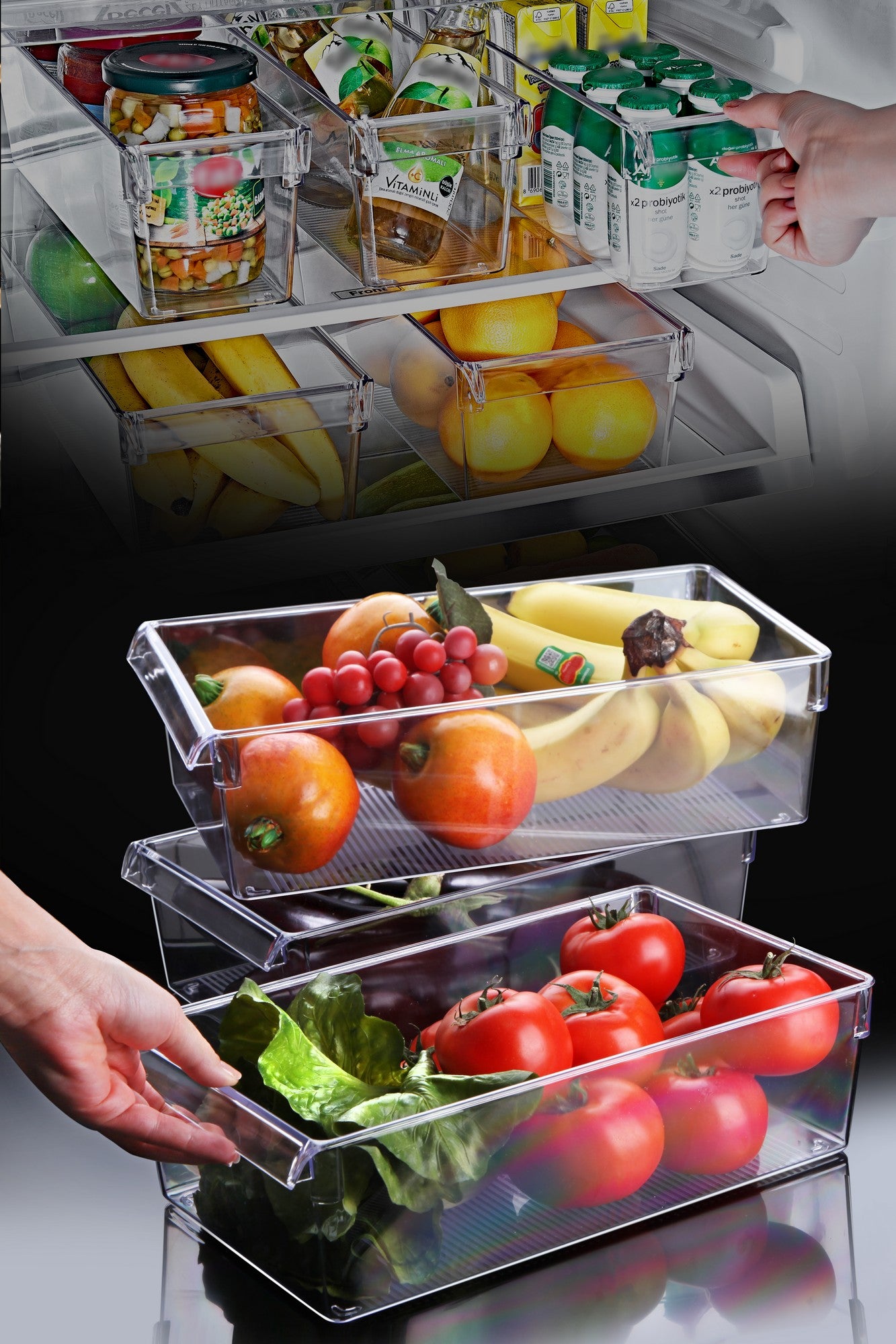 Conjunto de Organizadores de Geladeira – 37 x 20,5 x 10 cm – Transparente – Plástico