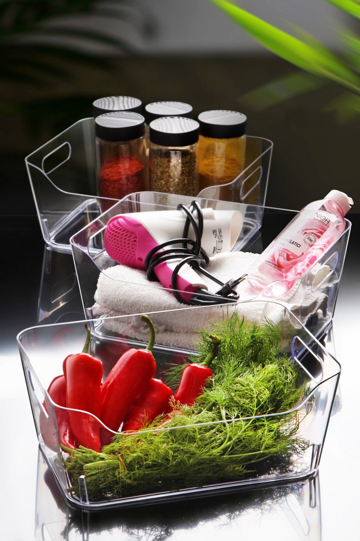Conjunto organizador de geladeira – 30,5 x 21,5 x 12,5 cm – Transparente – Plástico