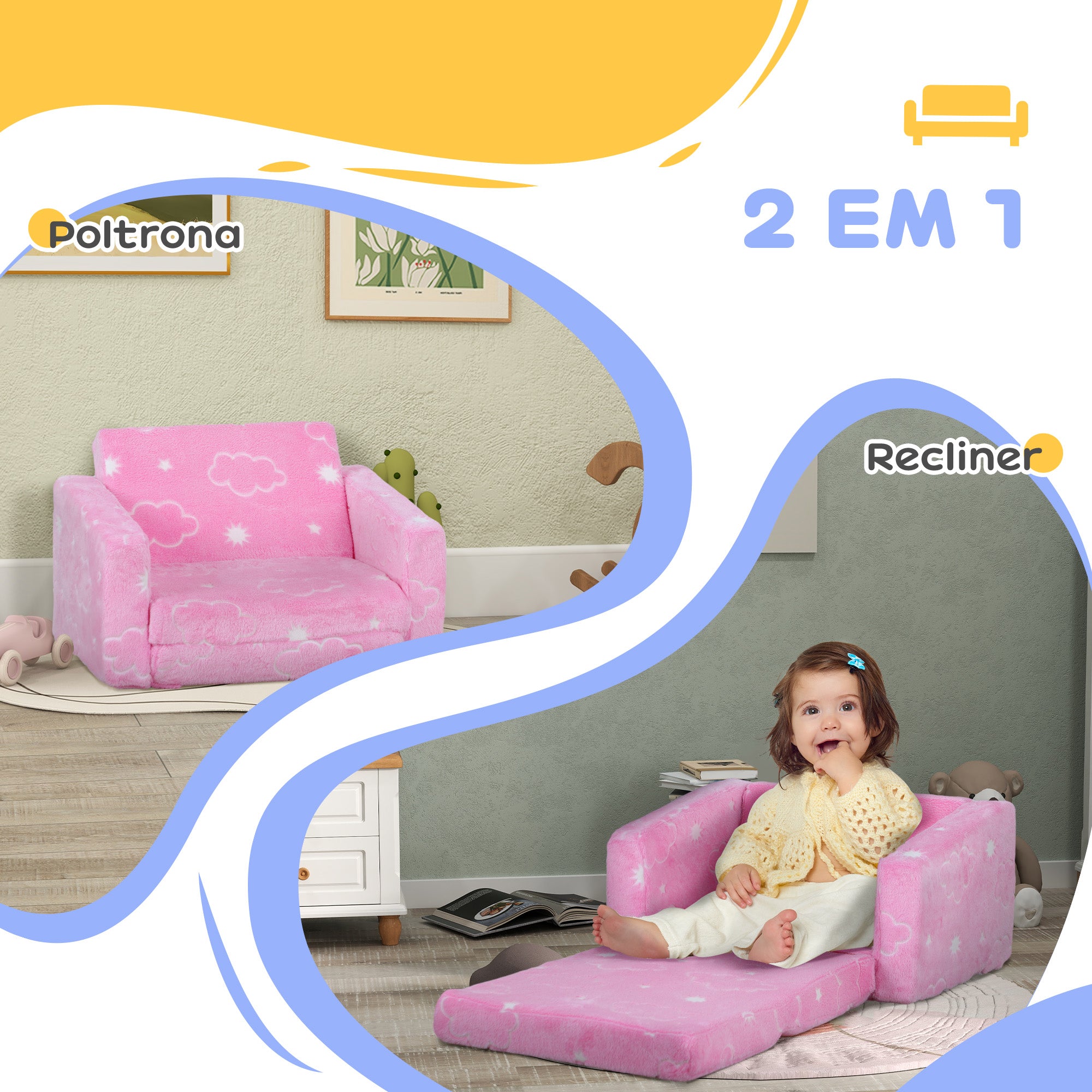 Poltrona Infantil Dobrável Reclinável Rosa 59x105x30,5 cm
