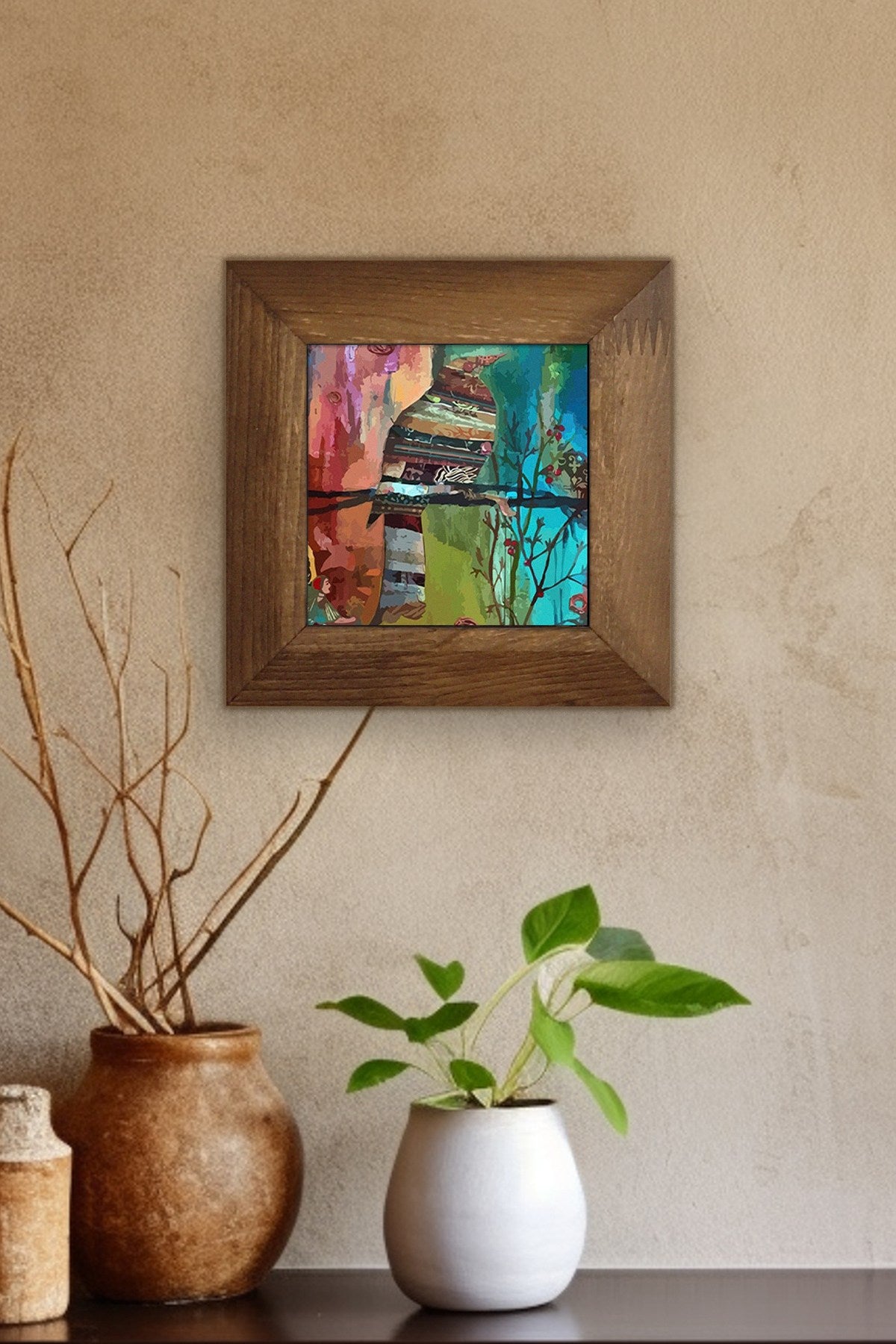 Quadro Decorativo Moldurado Artvessakaro32 – Multicolor, Cerâmica 100%, Moldura de Madeira 2,5 cm, Impressão UV, 15,5 x 15,5 cm
