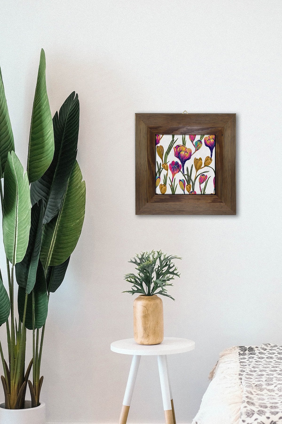 Quadro Decorativo Moldurado Multicolor em Cerâmica com Impressão UV – Moldura de Madeira 15,5 x 15,5 cm