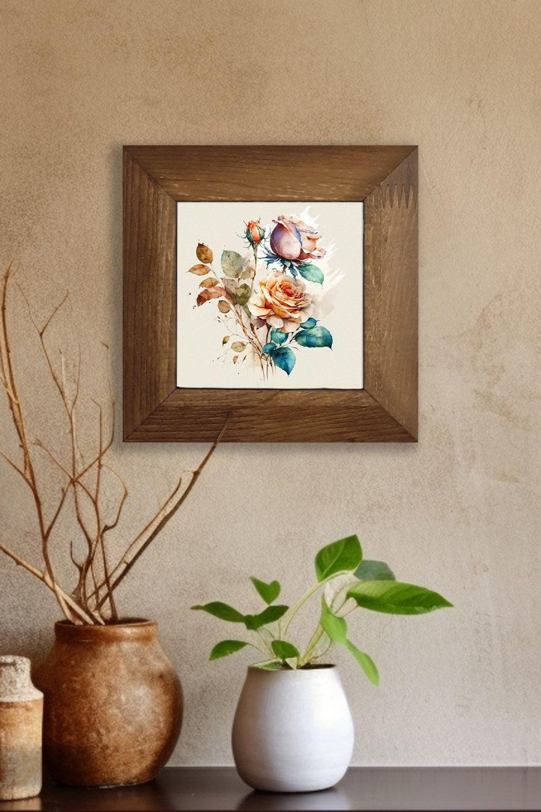 Quadro Decorativo Moldurado Artvessakaro4, Multicolor, Cerâmica, Moldura de Madeira, Impressão UV, 15,5 x 15,5 cm