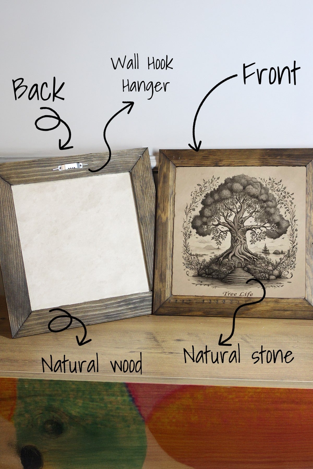 Quadro Decorativo em Pedra com Moldura de Madeira, Multicolor, 15,5 x 15,5 cm – Impressão UV