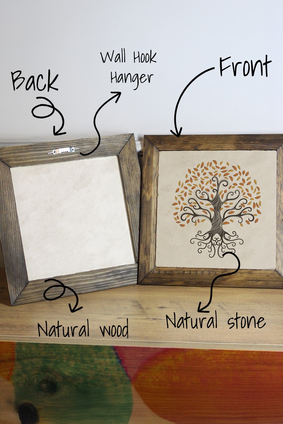 Quadro Decorativo em Pedra com Moldura de Madeira (2,5 cm), Multicolor, Impressão UV, 15,5 x 15,5 cm – Ersytastablo2-16