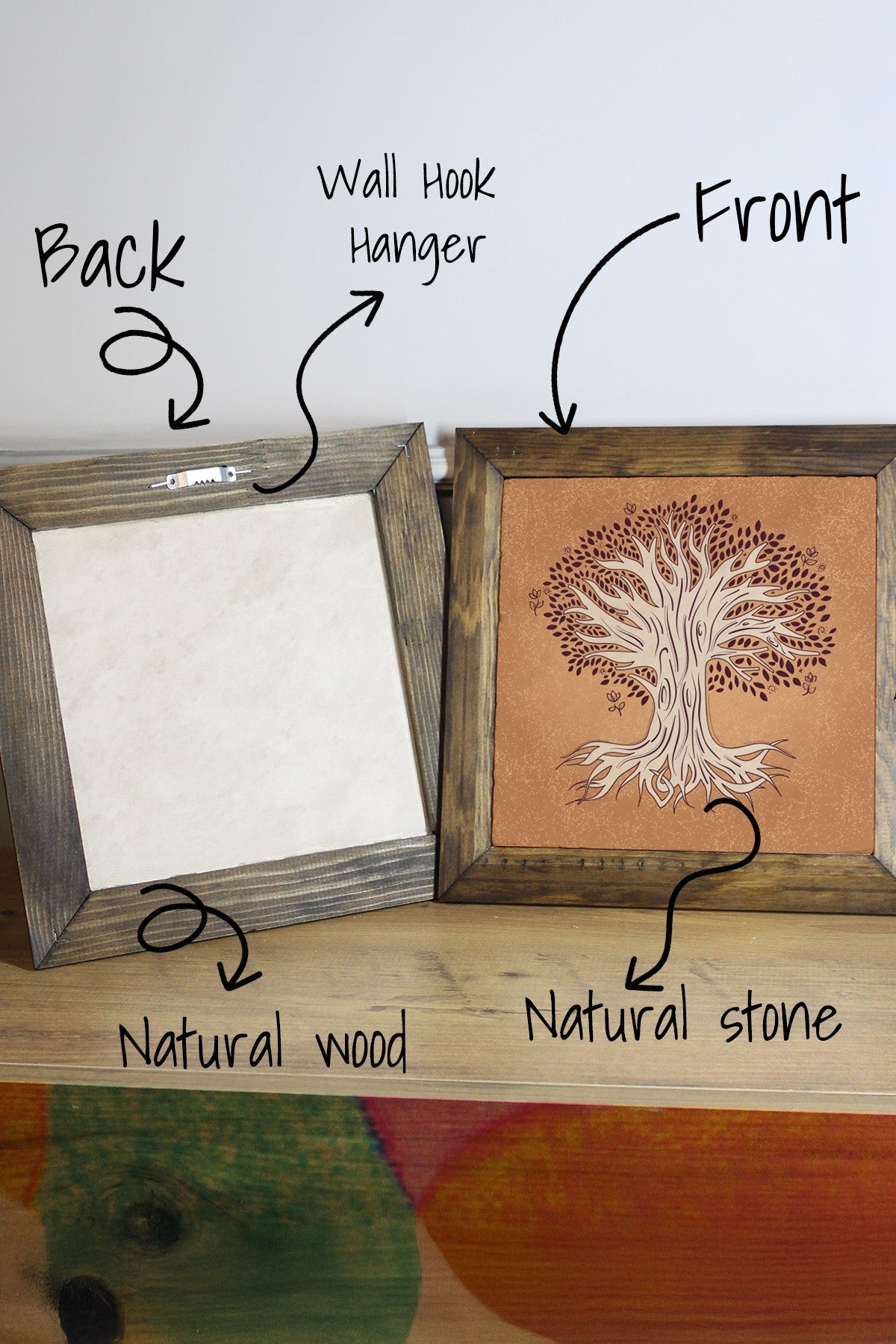 Quadro Decorativo Multicolor em Pedra 100% com Moldura de Madeira (2,5 cm) – Ersytastablo3 - 16, Impressão UV, 15,5 x 15,5 cm