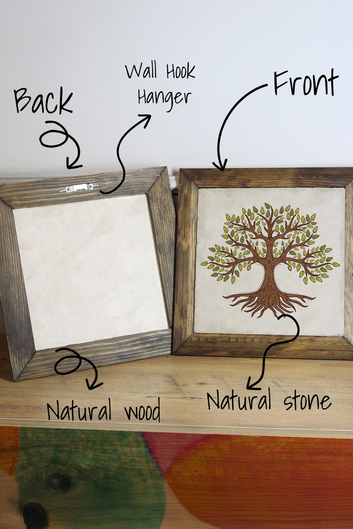 Quadro Decorativo em Pedra 100% com Moldura de Madeira (2,5 cm), 15,5 x 15,5 cm, Multicolor – Ersytastablo6-16