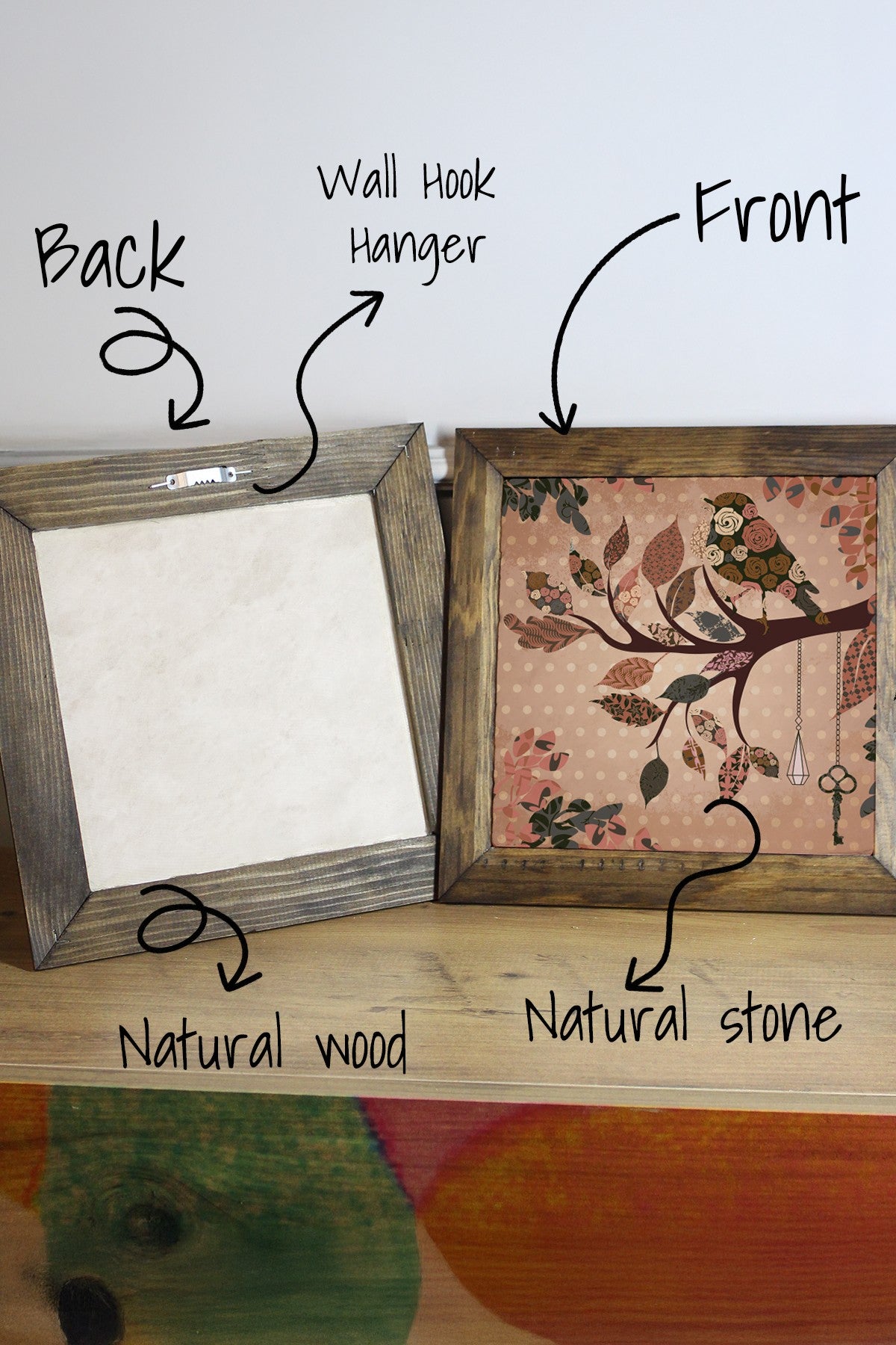 Quadro Decorativo Multicolor em Pedra 100% com Moldura de Madeira 100% (2,5 cm), 15,5 x 15,5 cm, Impressão UV