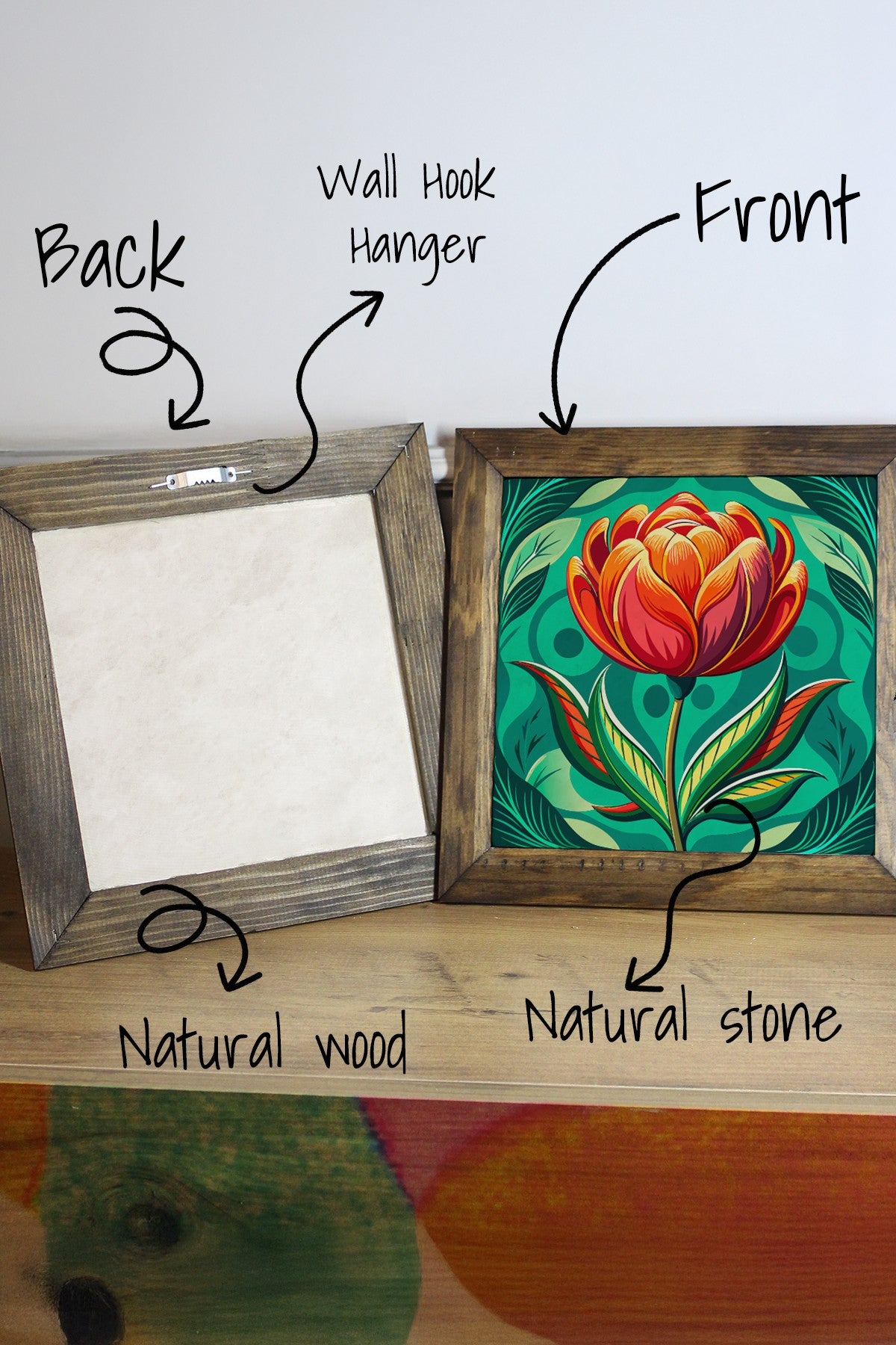 Quadro Decorativo em Pedra com Moldura de Madeira, Multicolor, Impressão UV, 15,5 x 15,5 cm