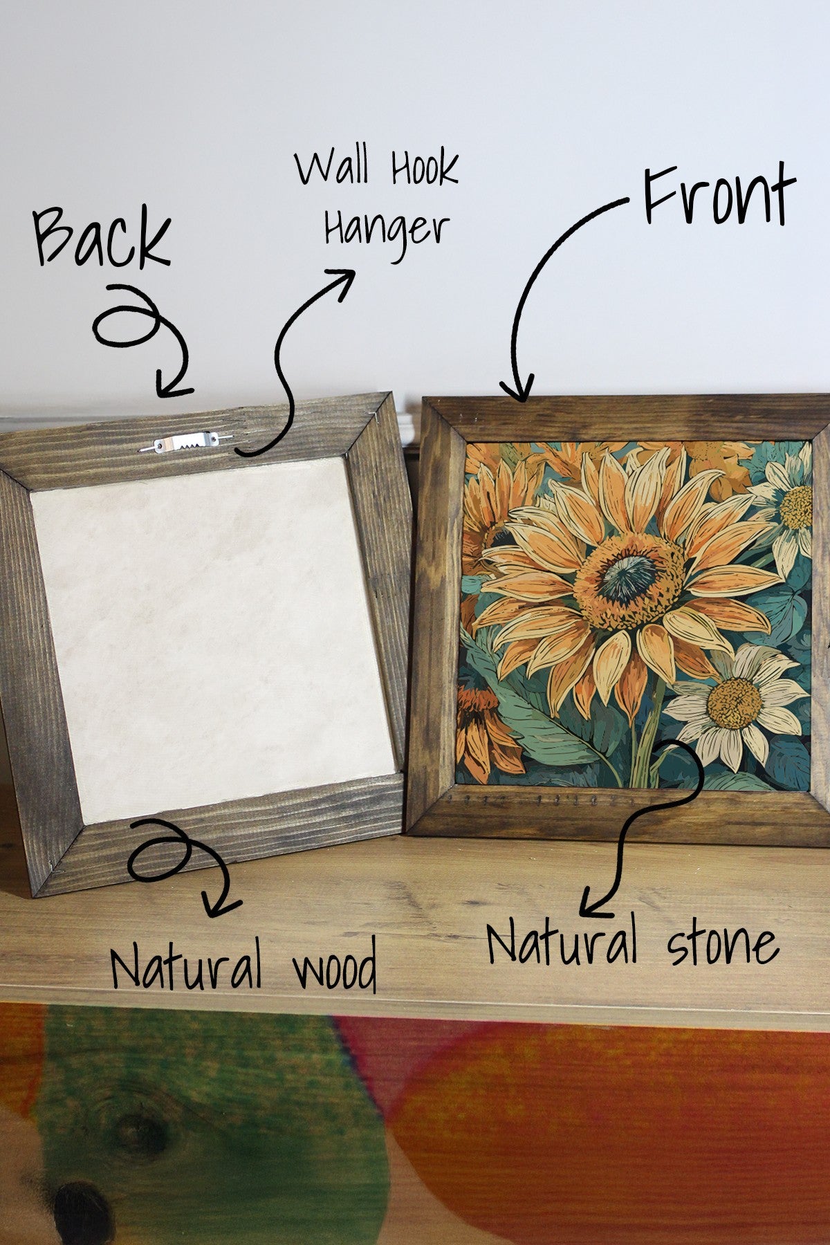 Quadro Decorativo Ersytastablo14-16 em Pedra com Moldura de Madeira, Multicolor, 15,5 x 15,5 cm