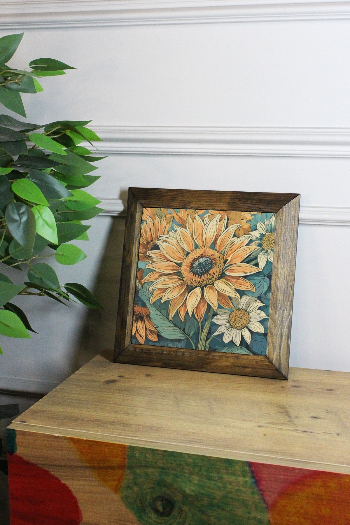 Quadro Decorativo Ersytastablo14 - 26 em Pedra, Moldura de Madeira 2,5 cm, Impressão UV, 26 x 26 cm – Multicolor