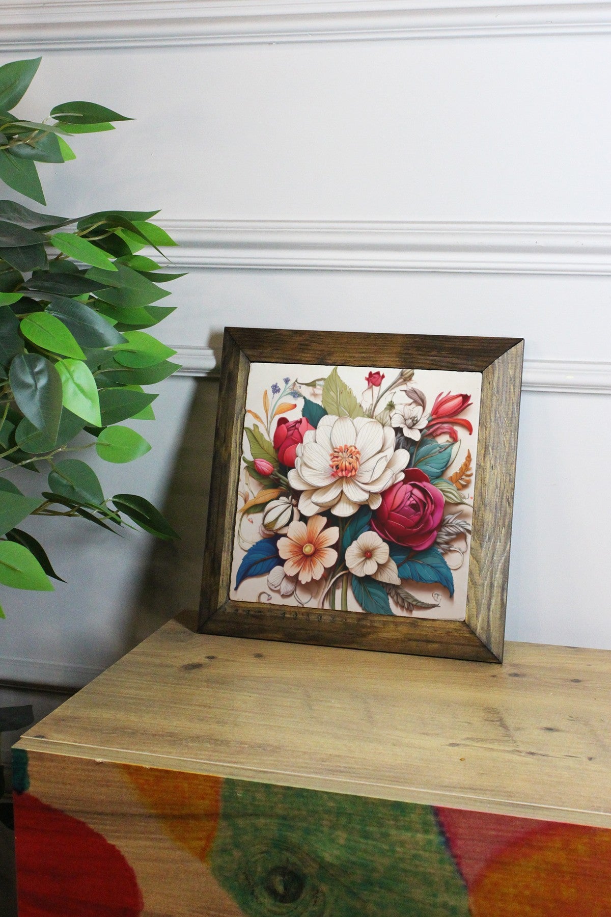 Quadro Decorativo em Pedra com Moldura de Madeira 2,5 cm, Multicolor, Impressão UV – 15,5 x 15,5 cm (Ersytastablo15 - 16)