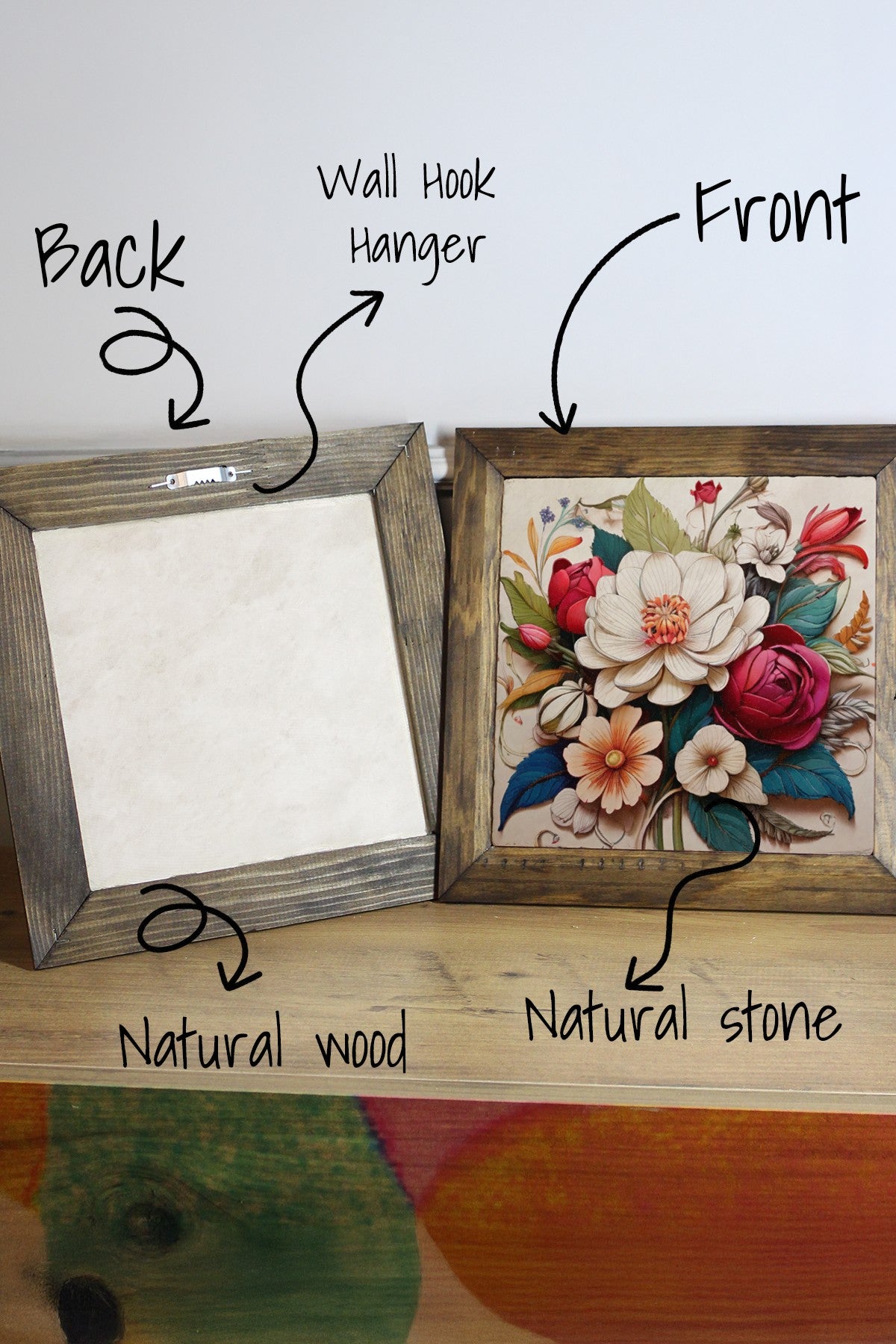 Quadro Decorativo em Pedra com Moldura de Madeira 2,5 cm, Multicolor, Impressão UV – 15,5 x 15,5 cm (Ersytastablo15 - 16)