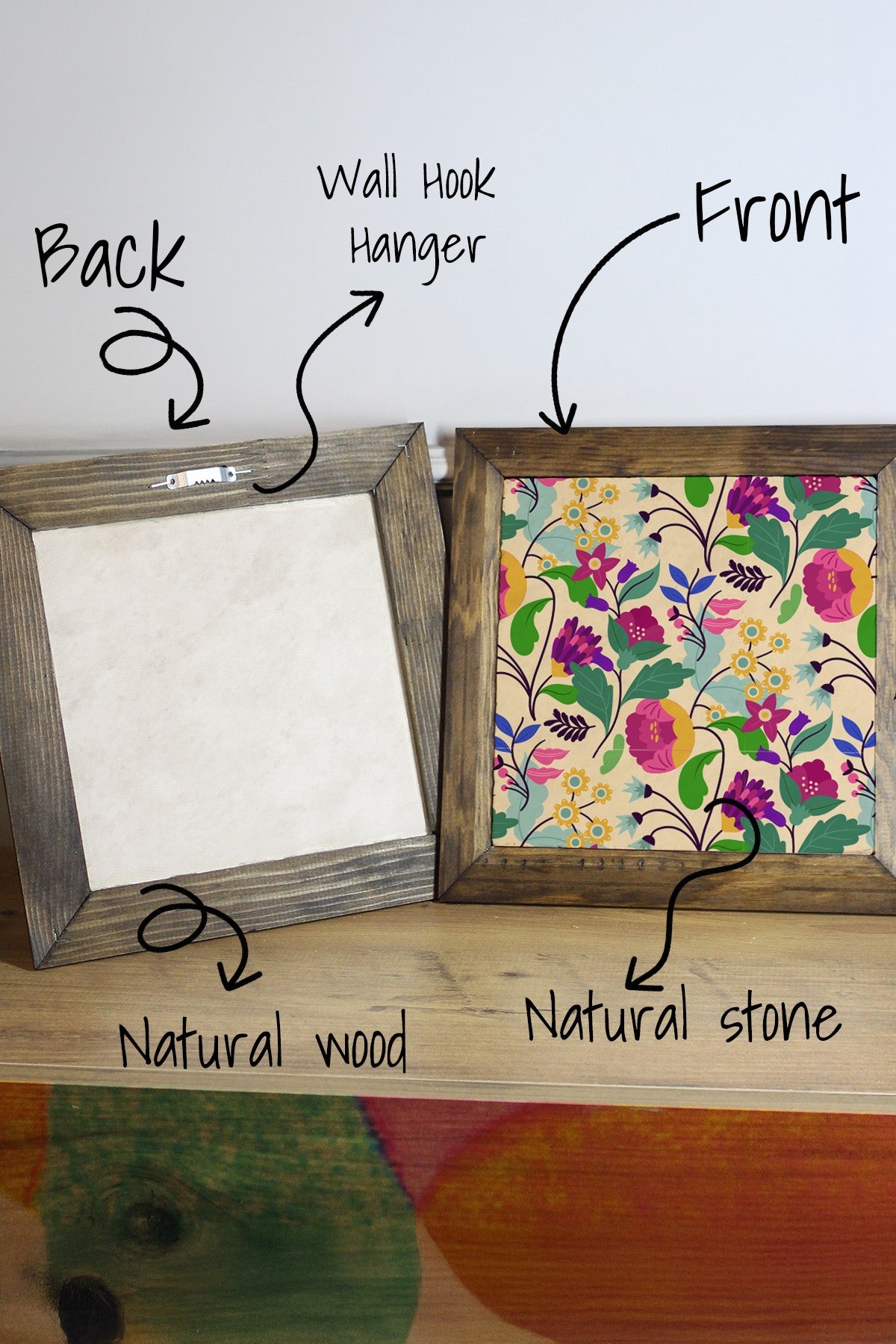 Quadro Decorativo Multicolor 26 x 26 cm em Pedra 100% com Moldura de Madeira (Impressão UV)