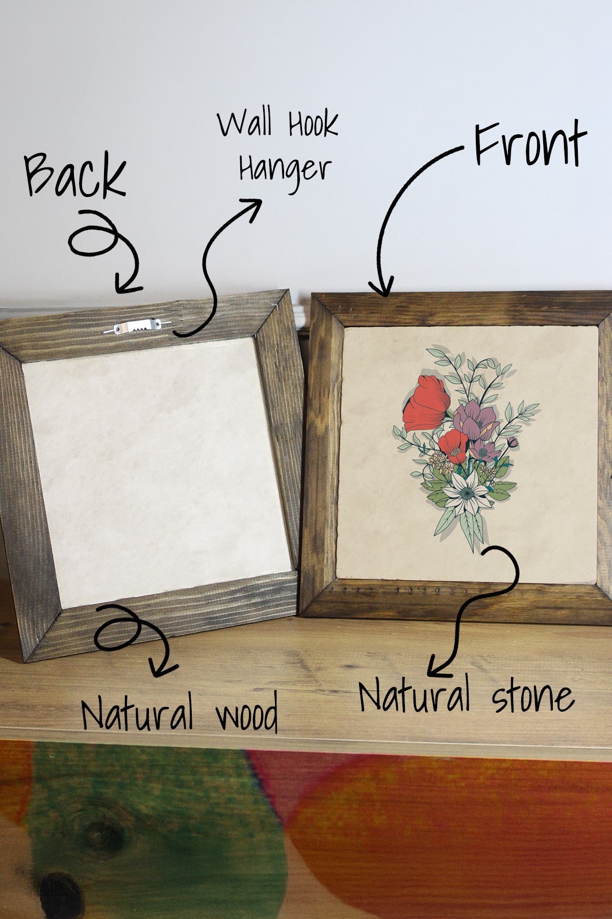 Quadro Decorativo Multicolor em Pedra 100% com Moldura de Madeira (2,5 cm), Impressão UV, 26x26 cm – Ersytastablo18-26