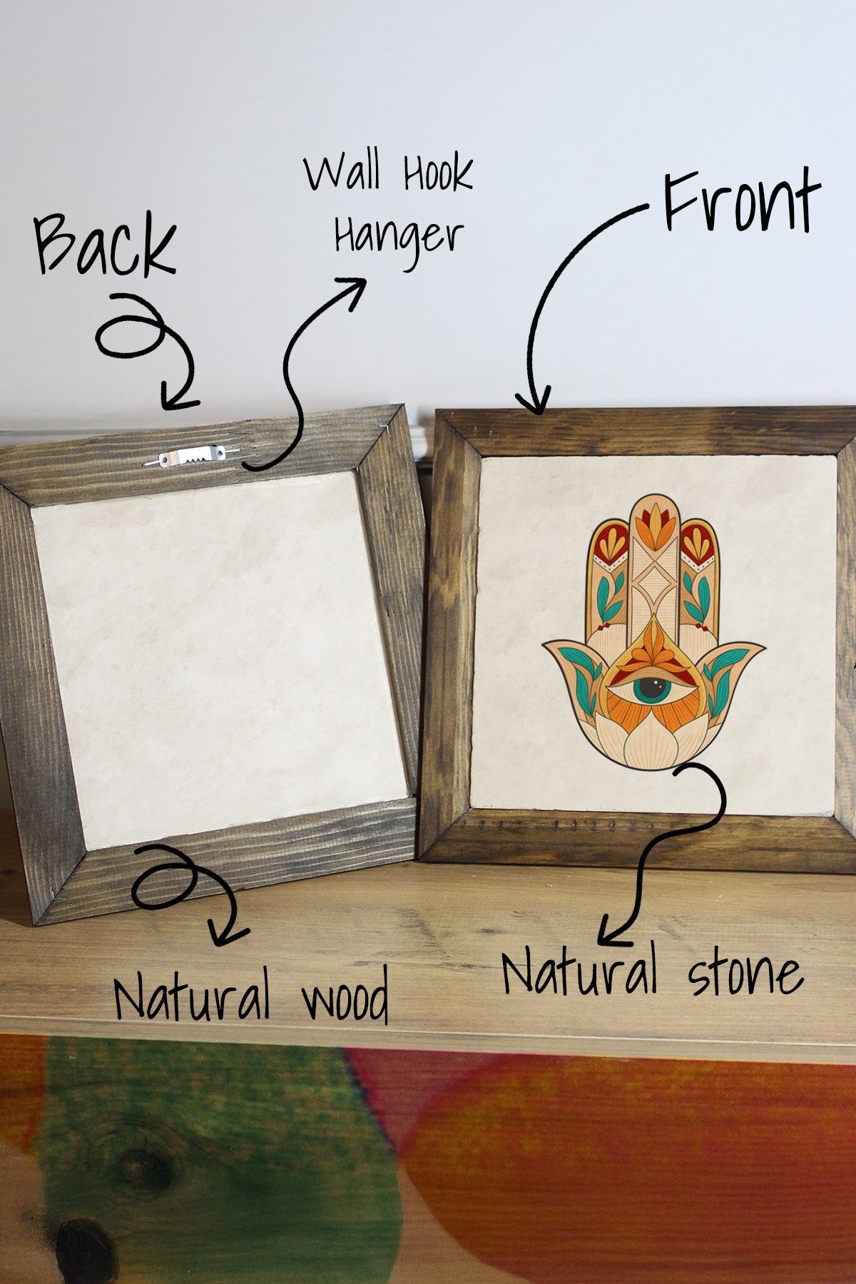 Quadro Decorativo em Pedra com Moldura de Madeira, Multicolor, 15,5 x 15,5 cm – Impressão UV