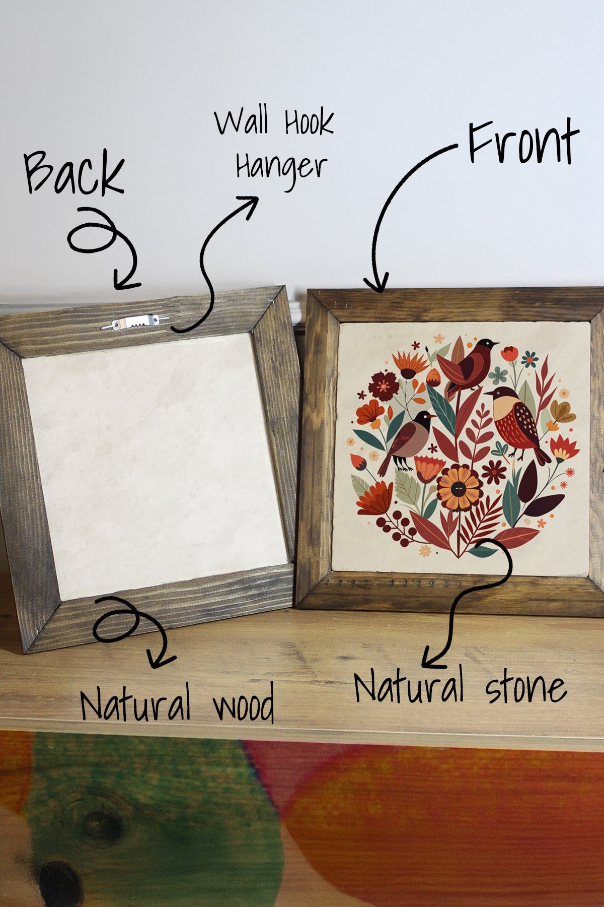 Quadro Decorativo Multicolor em Pedra 100% com Moldura de Madeira 2,5 cm, Impressão UV, 15,5 x 15,5 cm – Ersytastablo22 - 16