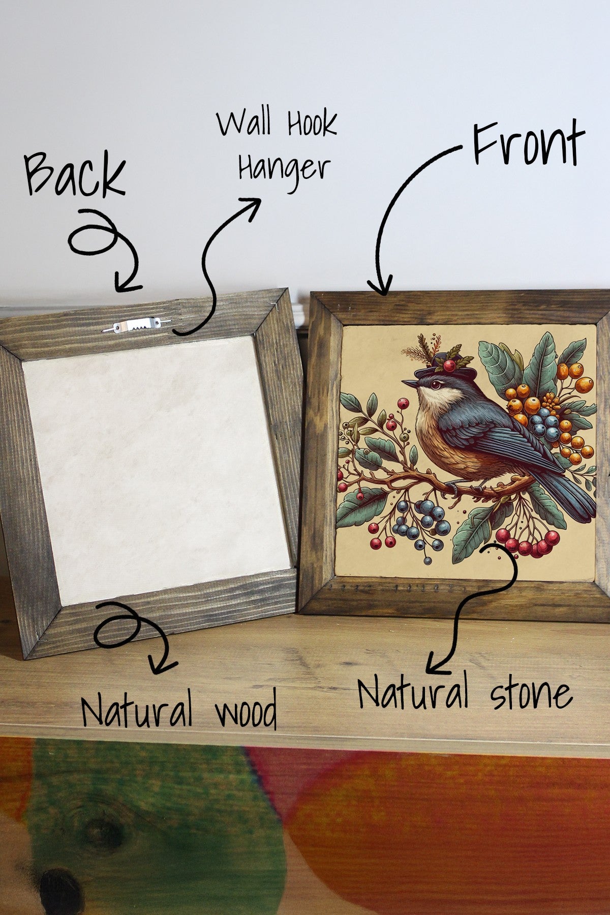 Ersytastablo23 - 16 Quadro Decorativo em Pedra Multicolor com Moldura de Madeira (15,5 x 15,5 cm) – Impressão UV